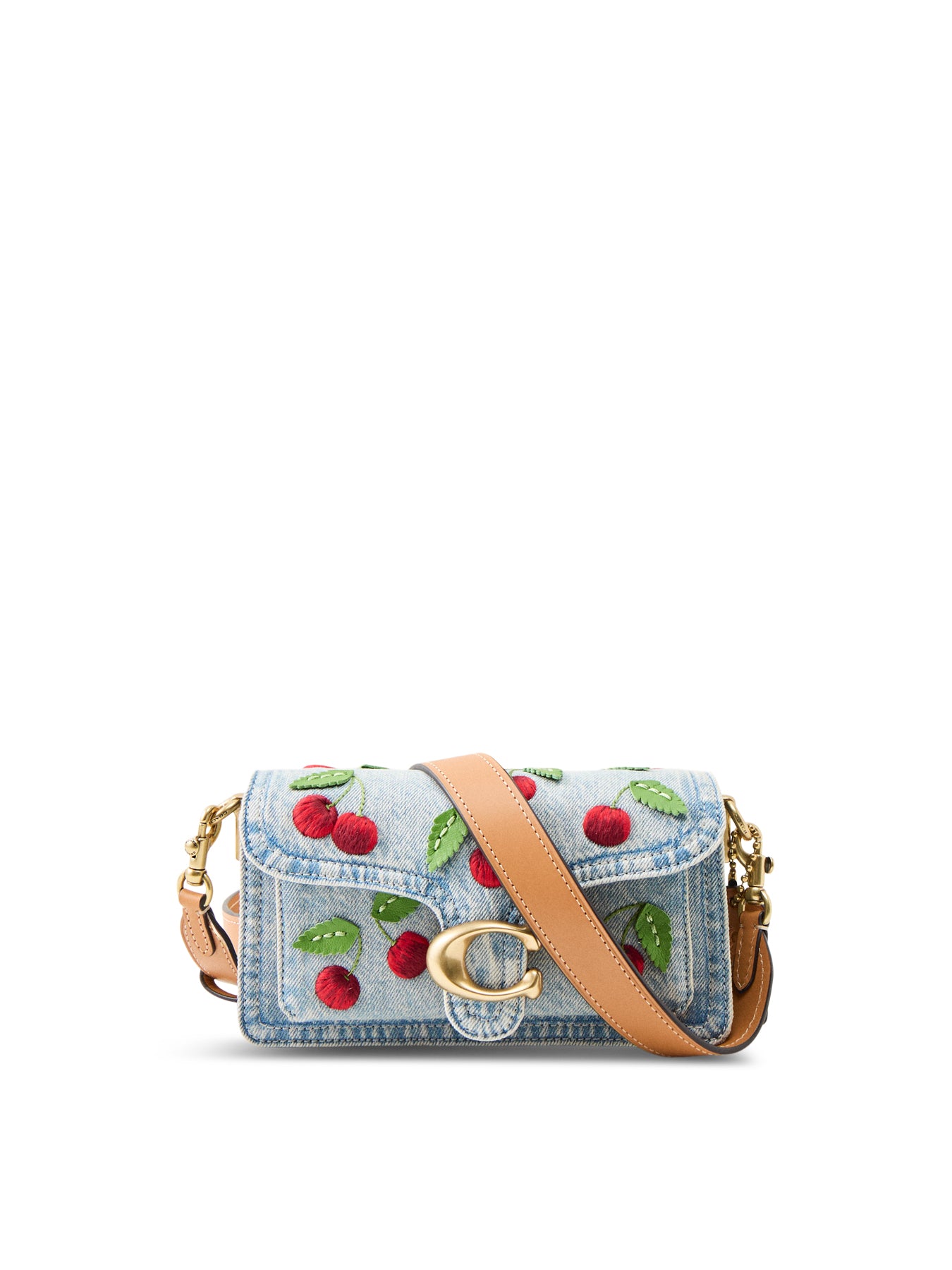Cherry Embroidered Denim Tabby Shoulder Bag 20