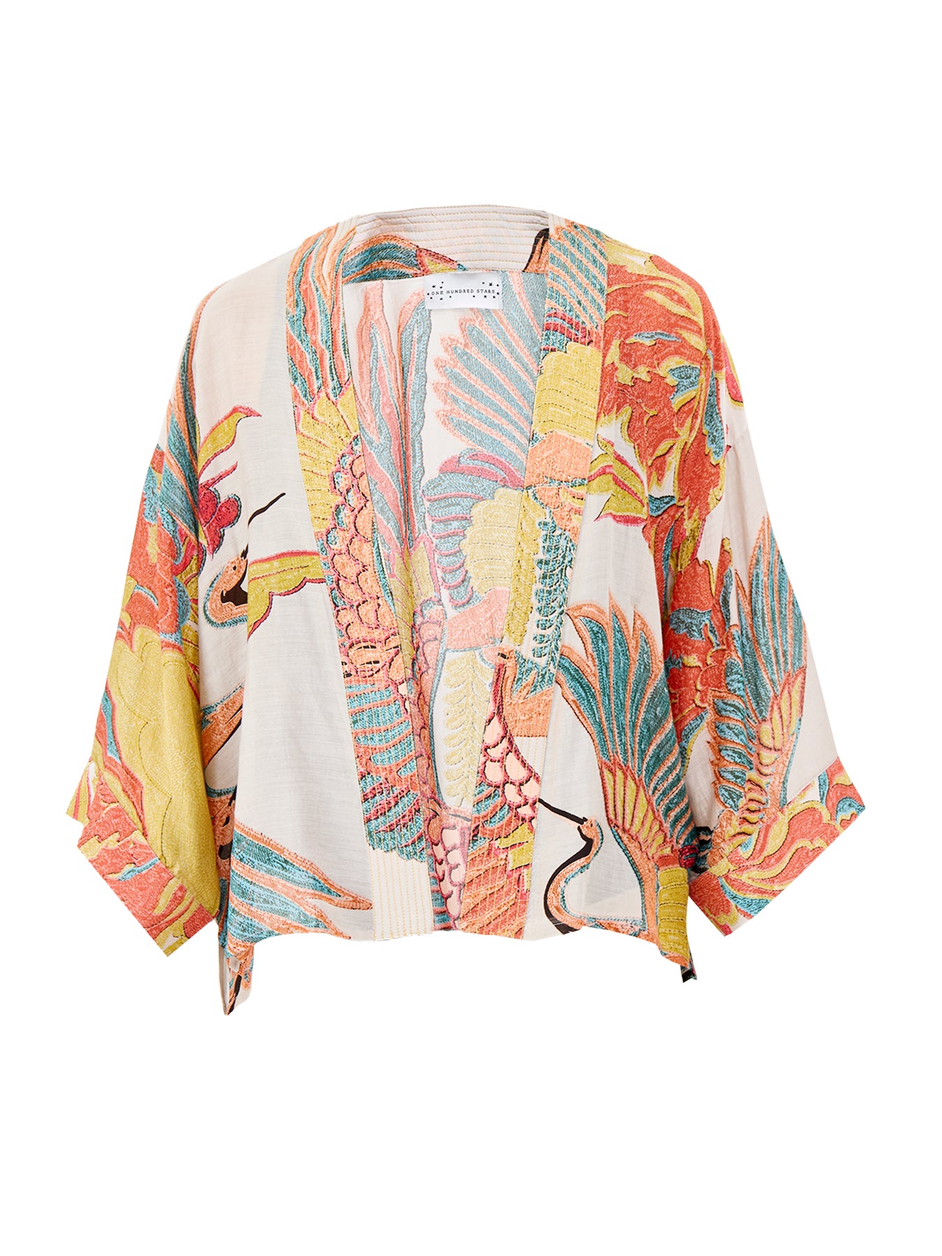 Crane Print Short Kimono Grey