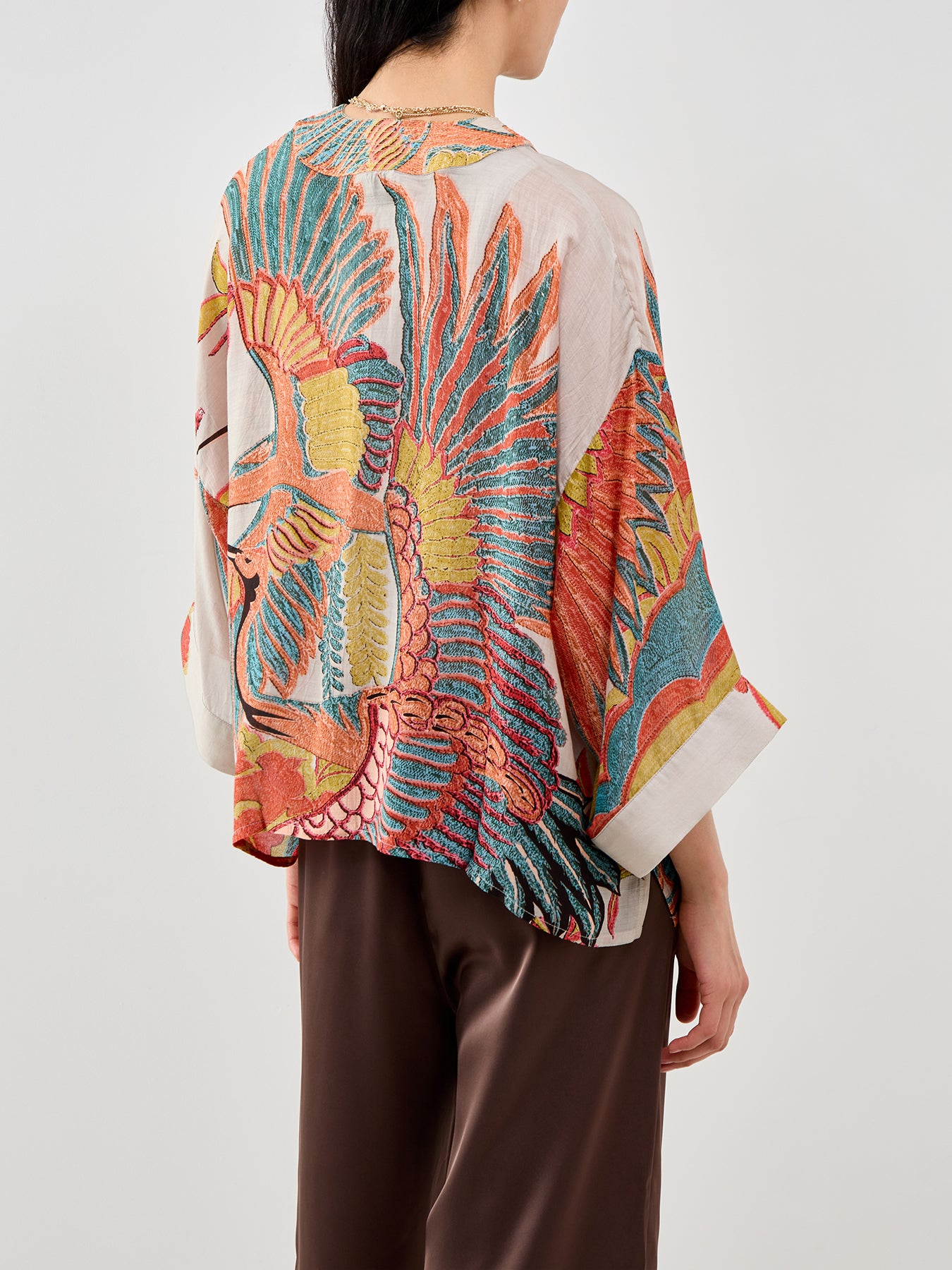 Crane Print Short Kimono Grey