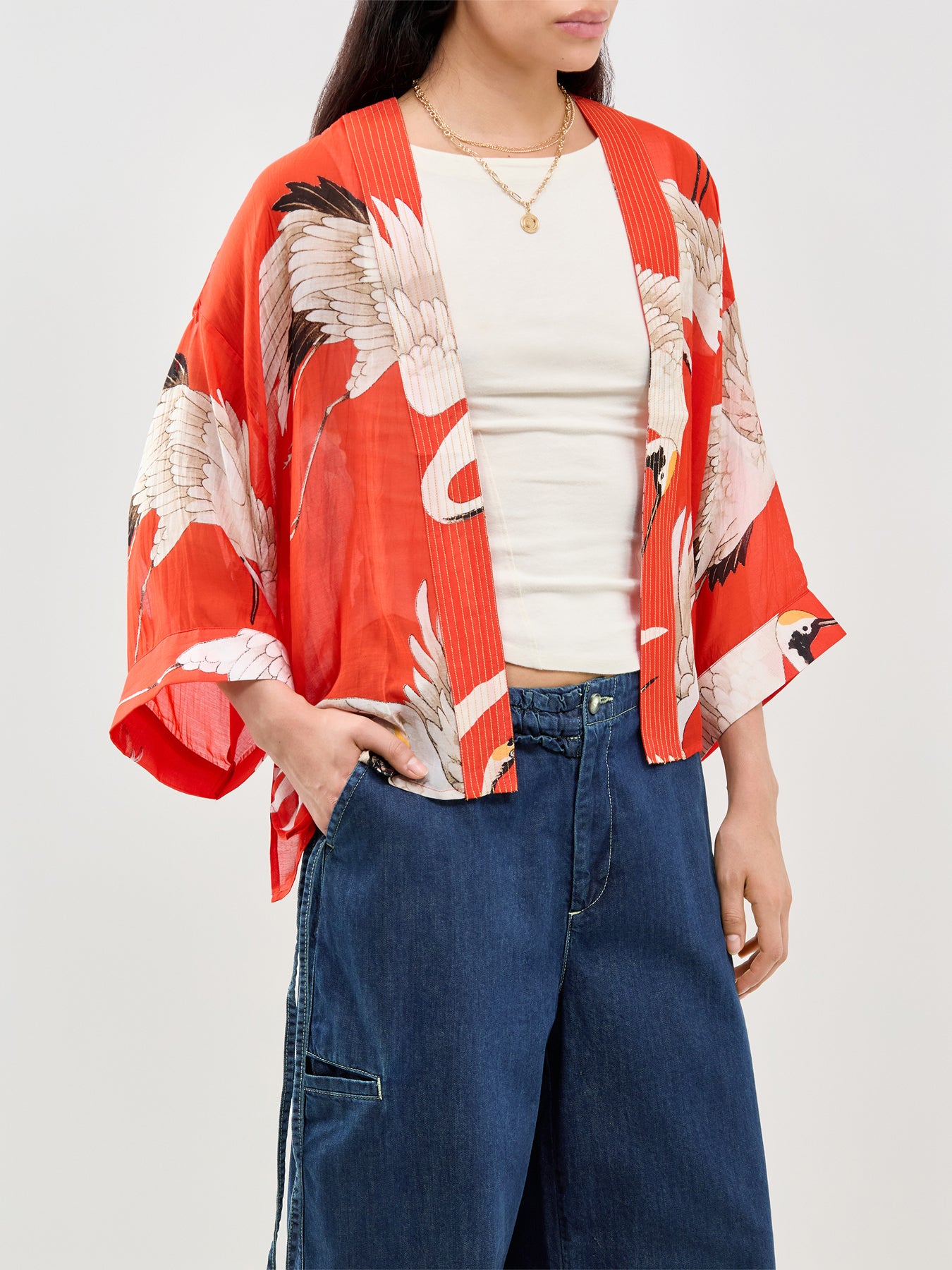 Stork Print Short Kimono Red