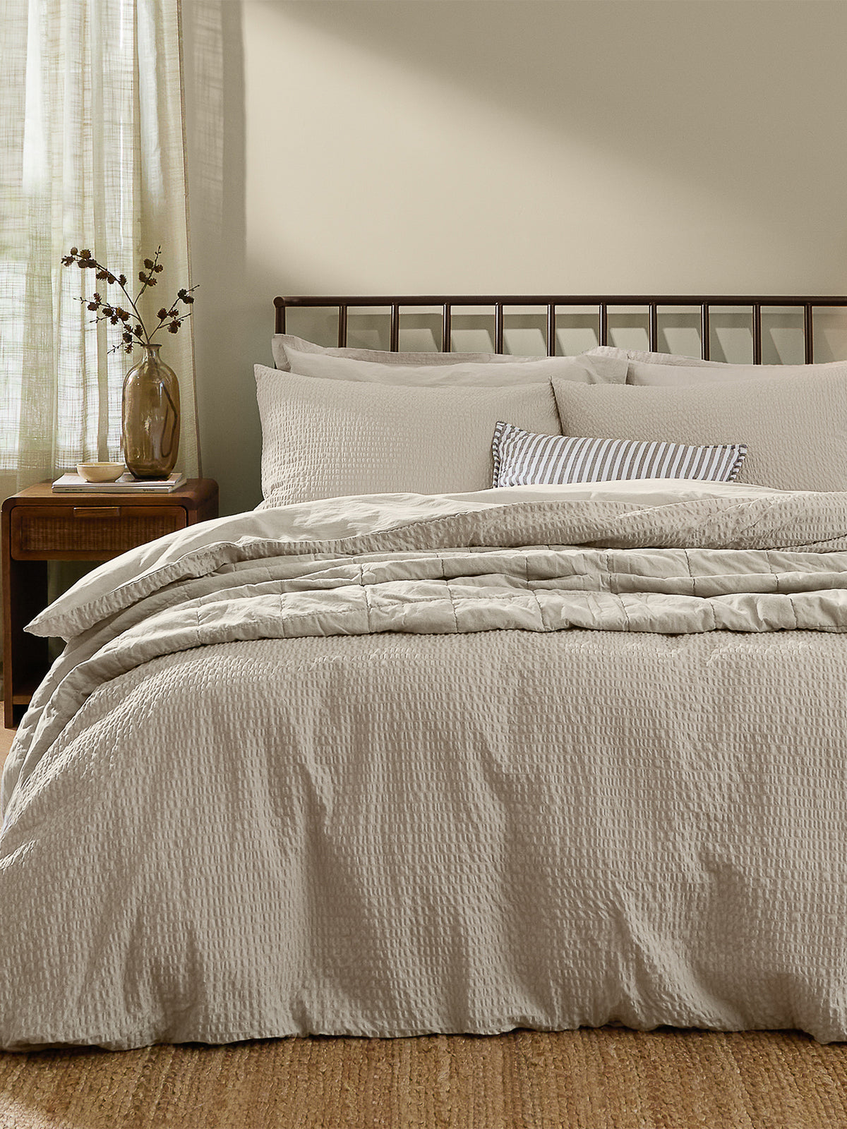 Cotton Hebden Relaxed Seersucker Super King Duvet Set - Stone