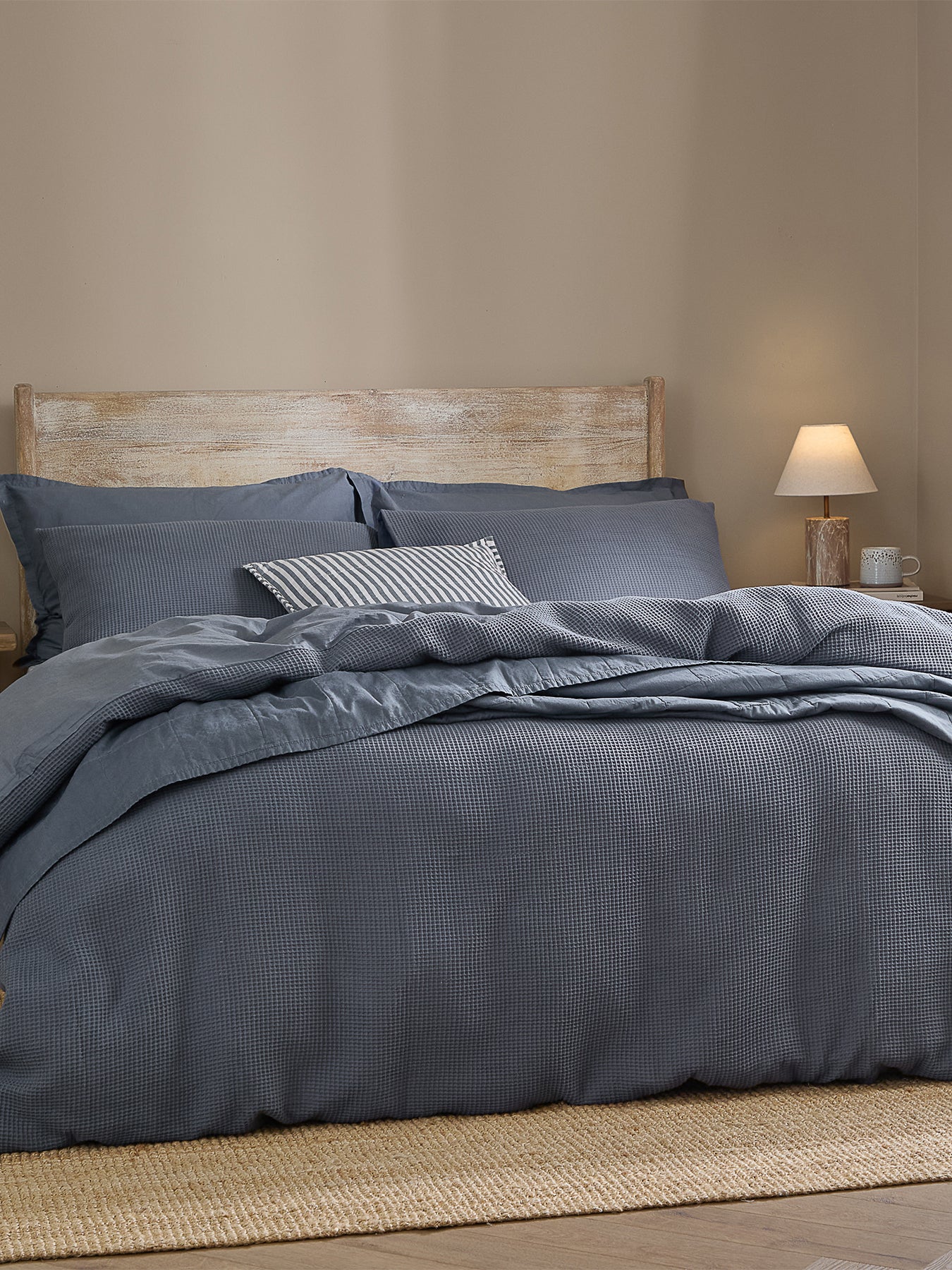 Cotton Hebden Relaxed Waffle Double Duvet Set - Denim Blue