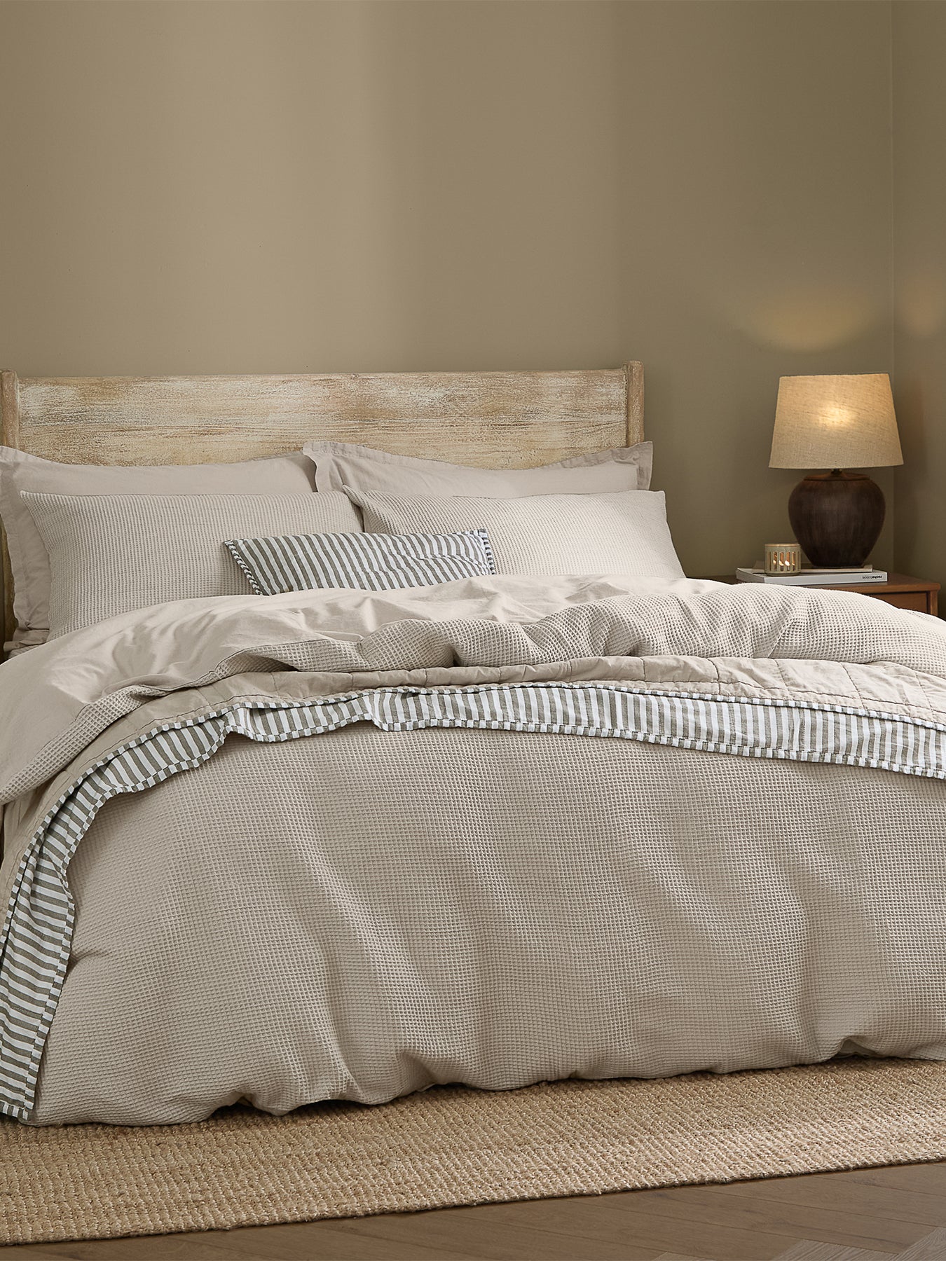 Cotton Hebden Relaxed Waffle Double Duvet Set - Stone