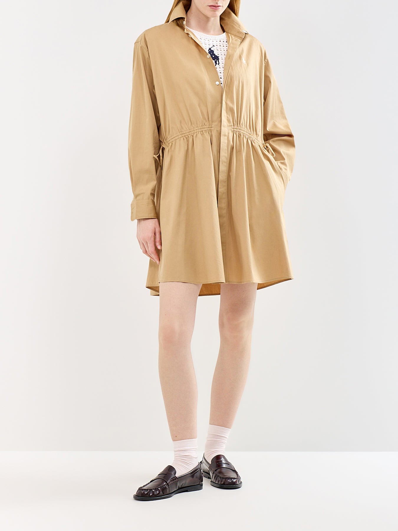 Mini Long Sleeve Shirt Dress Beige