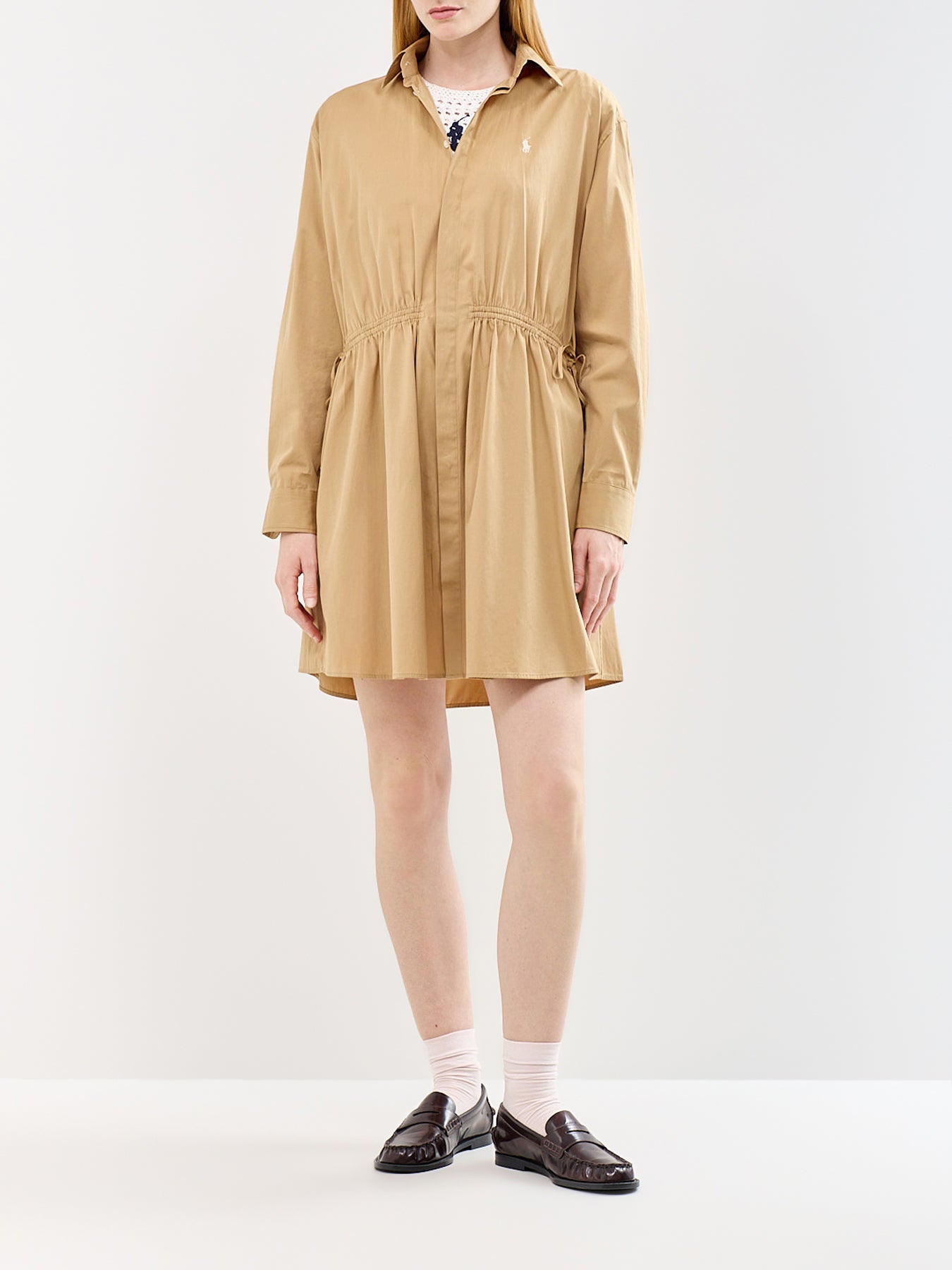 Mini Long Sleeve Shirt Dress Beige