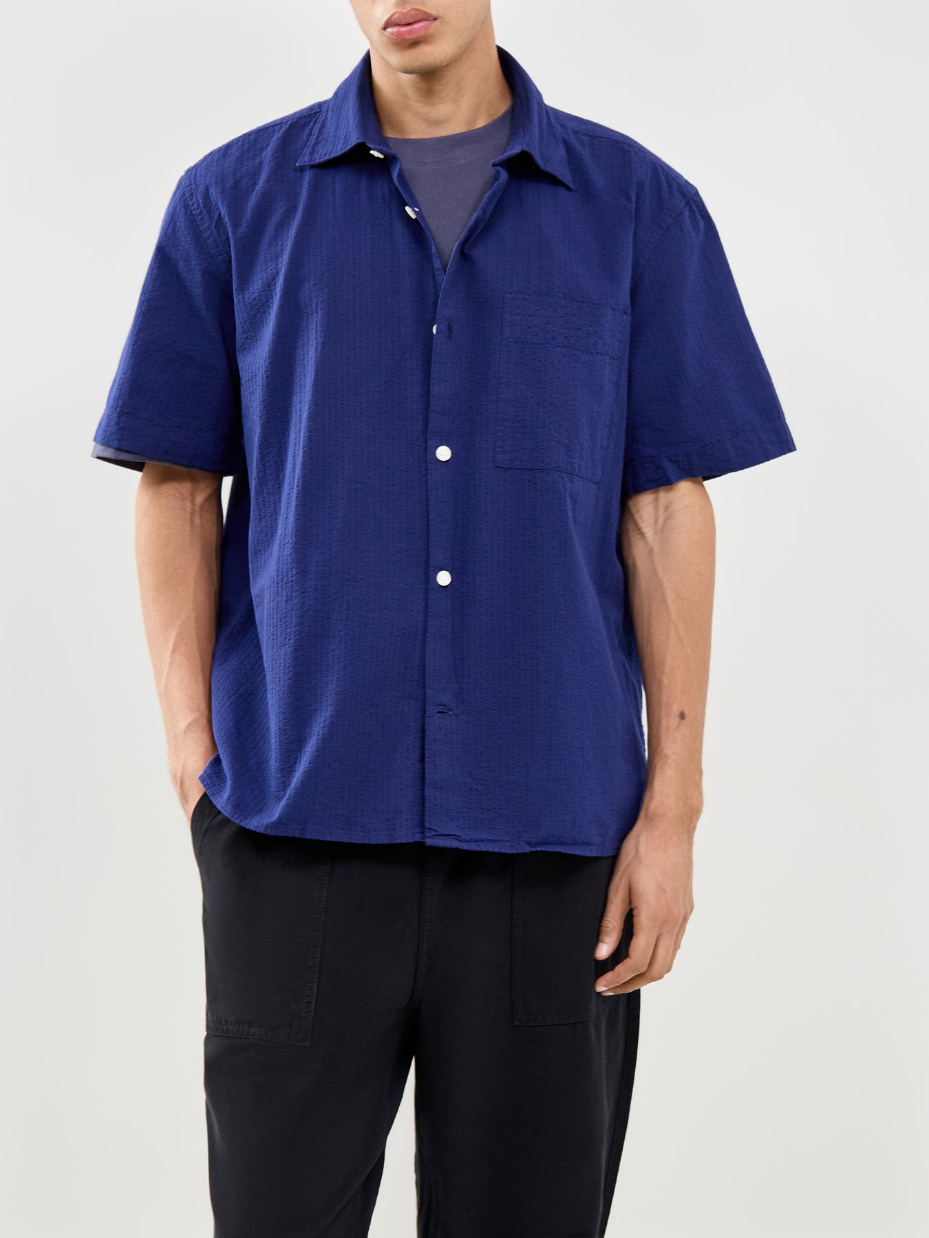 Slhrlxstuart Seersucker Short Sleeve Shirt Navy