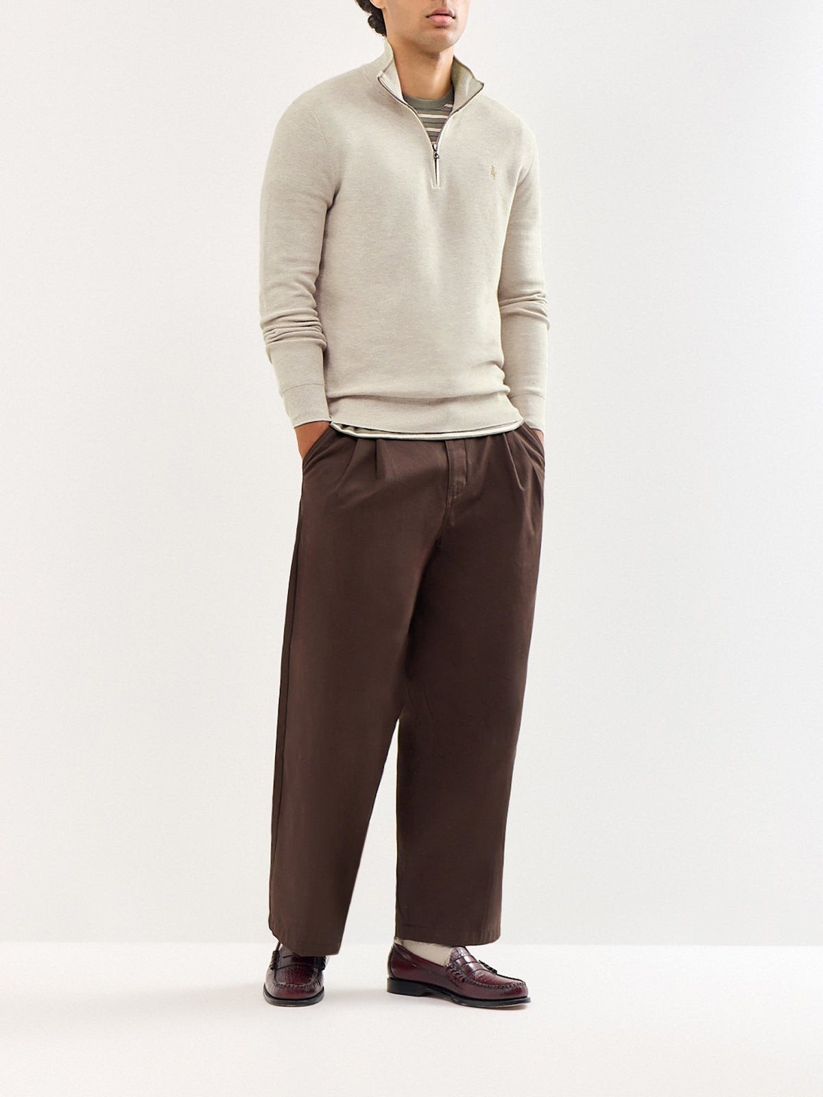 Texture Cotton Quarter Zip Jumper Brown