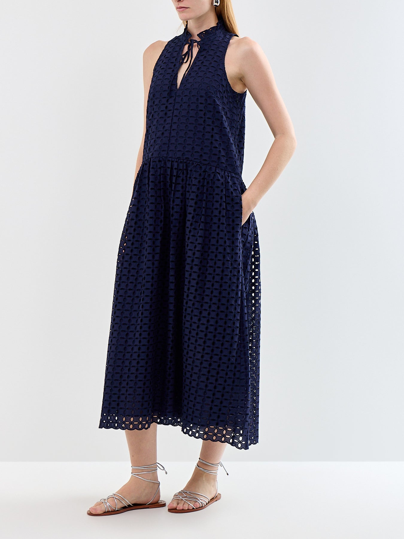 Navy Broderie V-Neck Midi Dress Navy