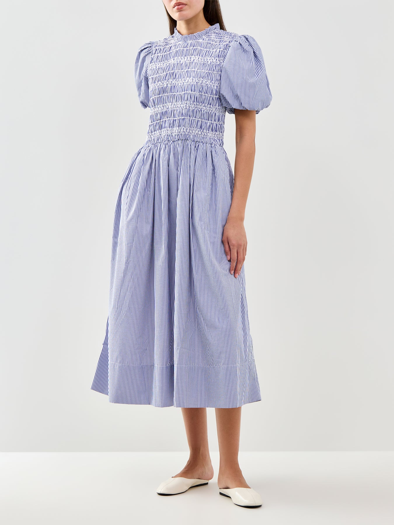 Blue Stripe Shirred Bodice Smock Dress Blue