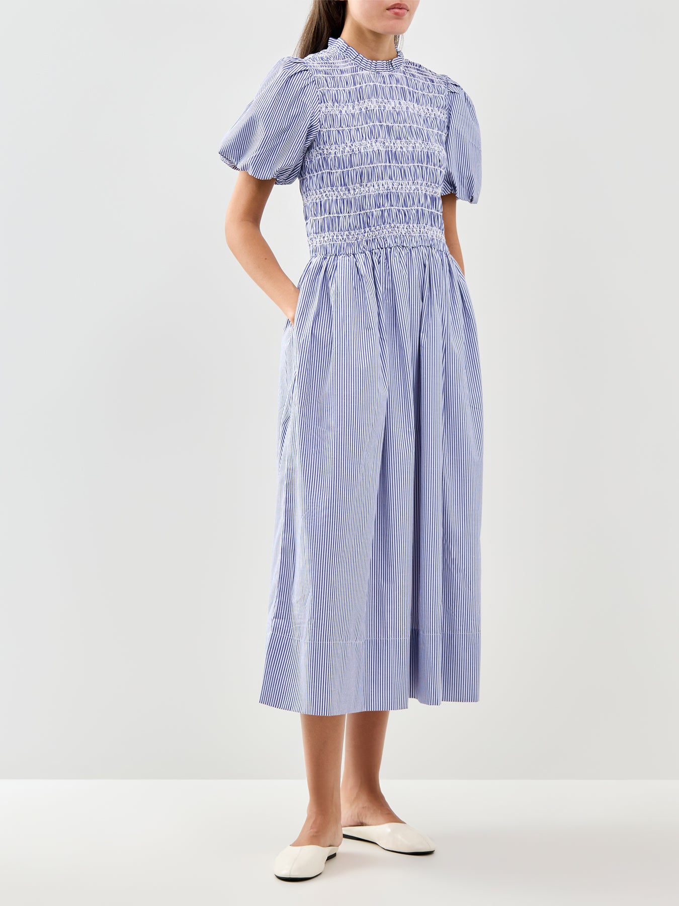 Blue Stripe Shirred Bodice Smock Dress Blue