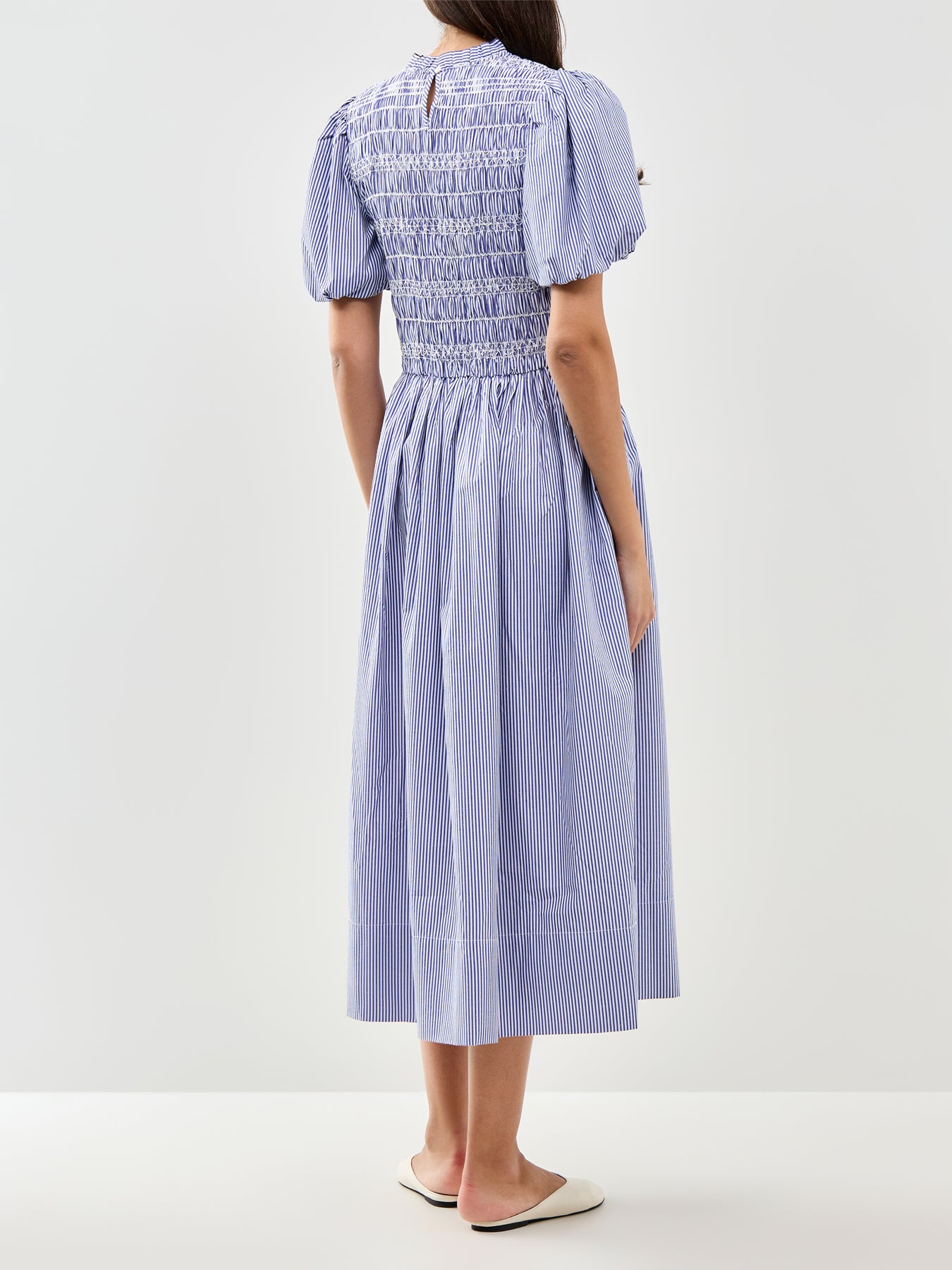 Blue Stripe Shirred Bodice Smock Dress Blue