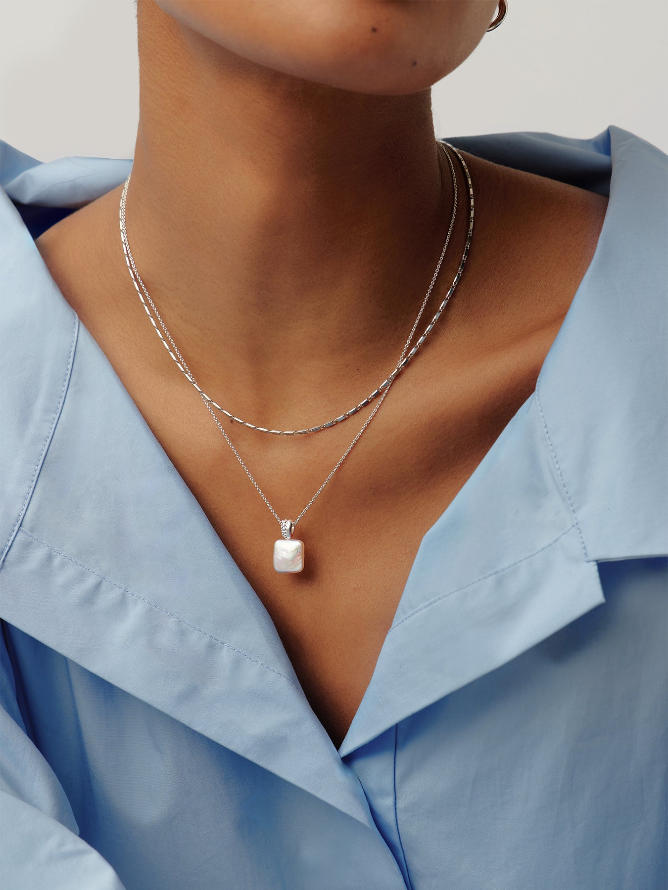 Square Pearl Pendant Necklace Silver