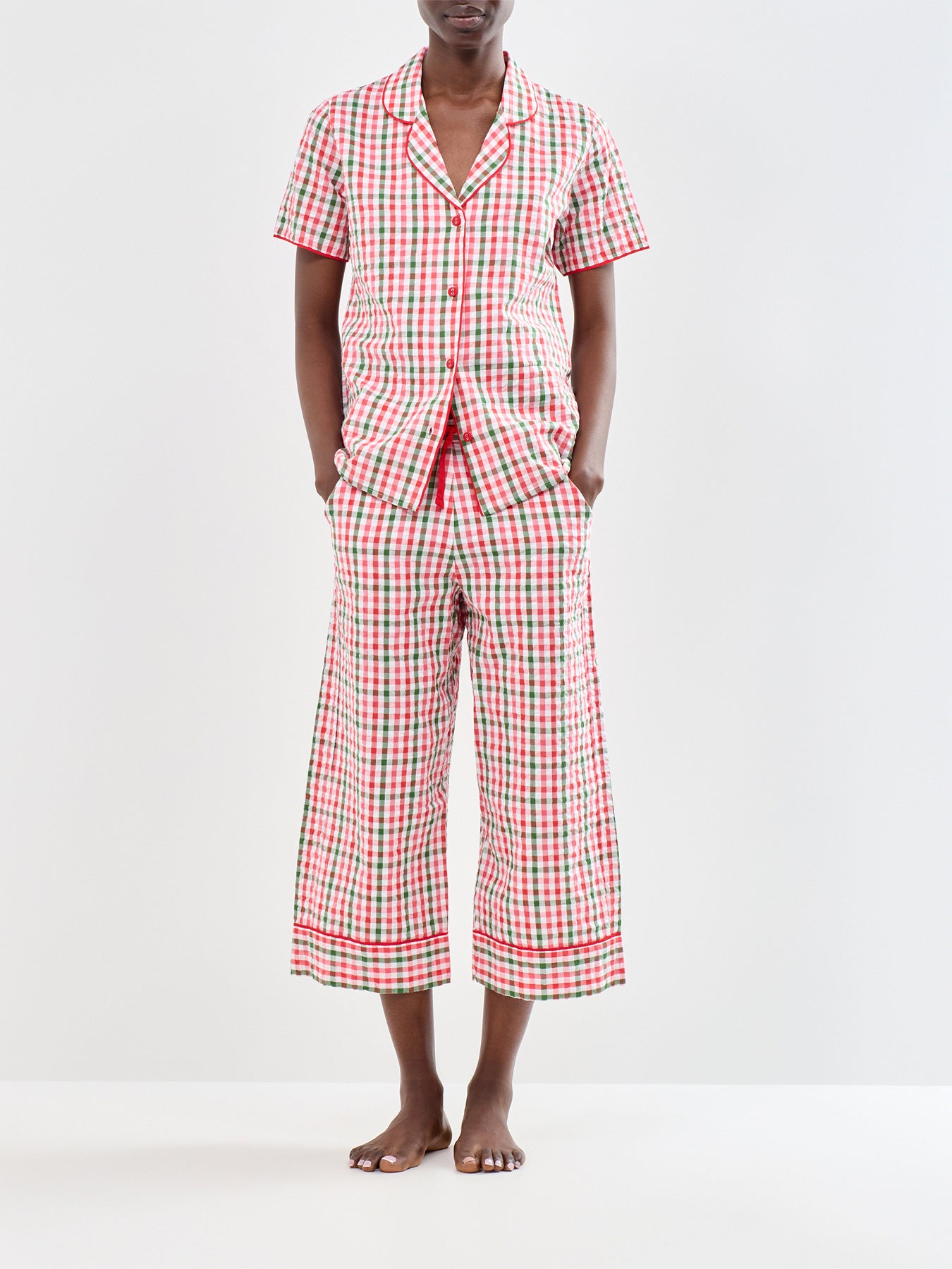 Seersucker Wide Leg Cropped Pyjama Bottoms Red