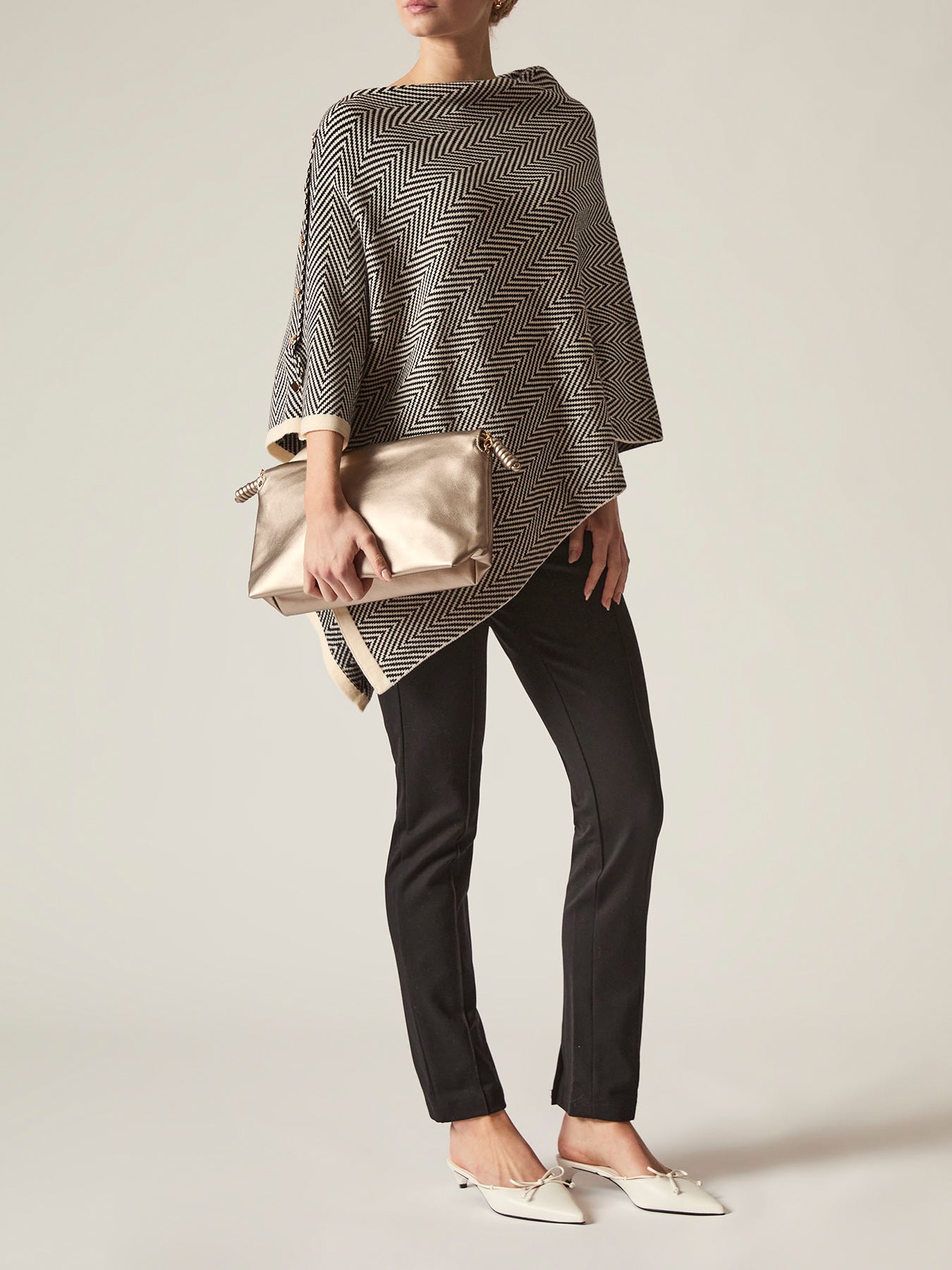 Chevron Button Poncho Black