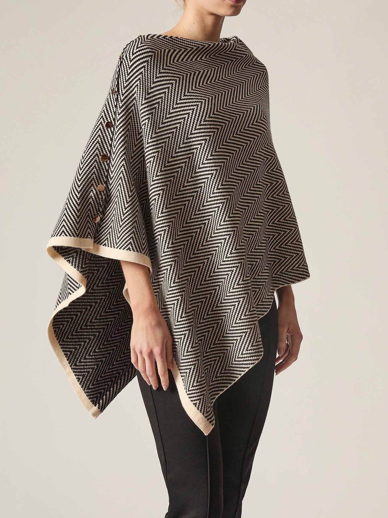 Chevron Button Poncho Black