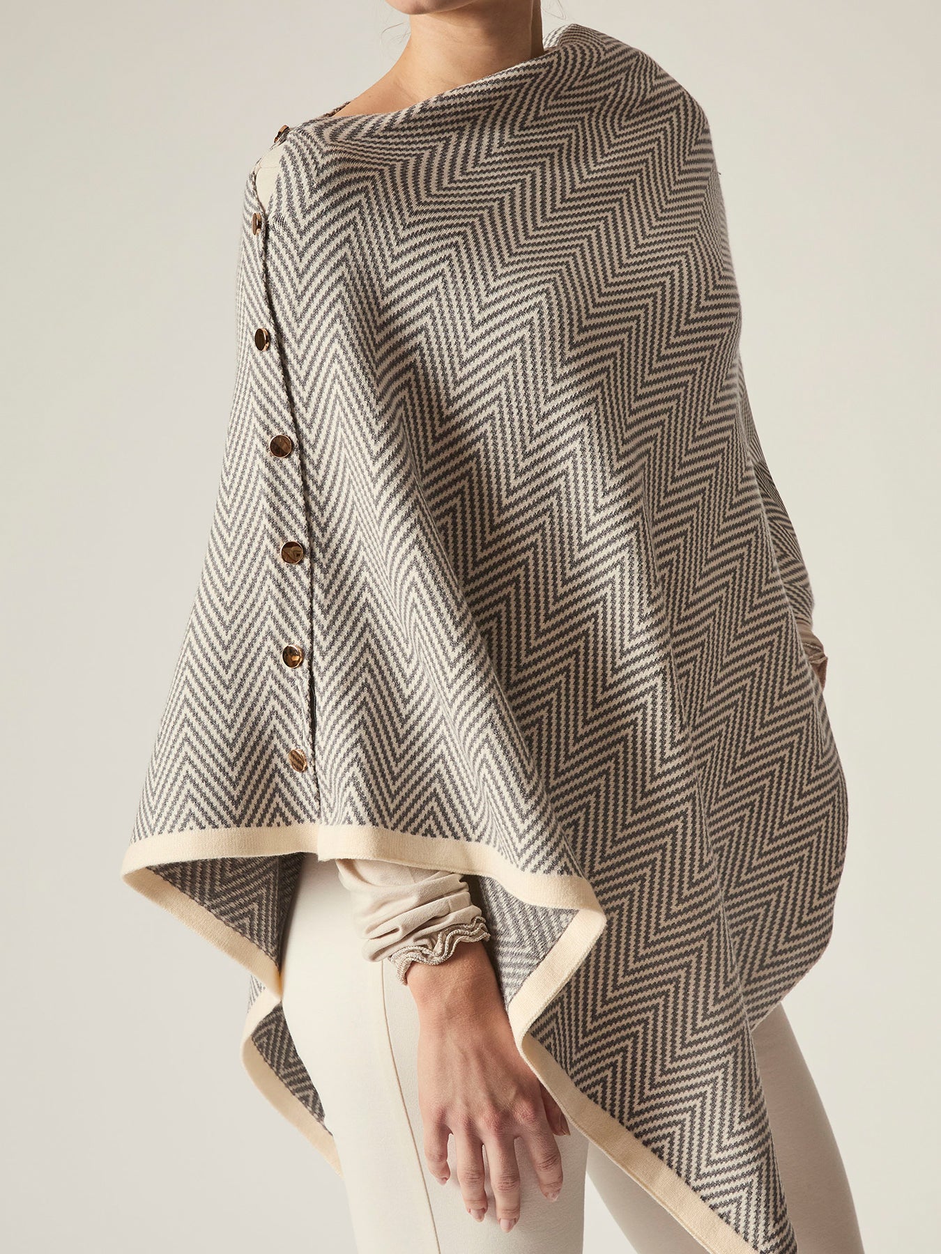 Chevron Button Poncho Grey
