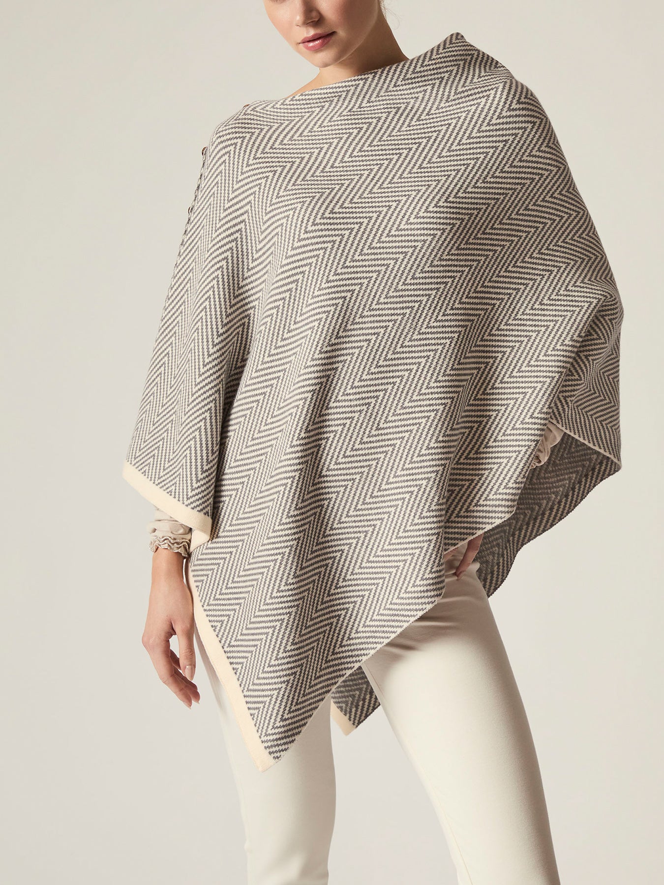 Chevron Button Poncho Grey