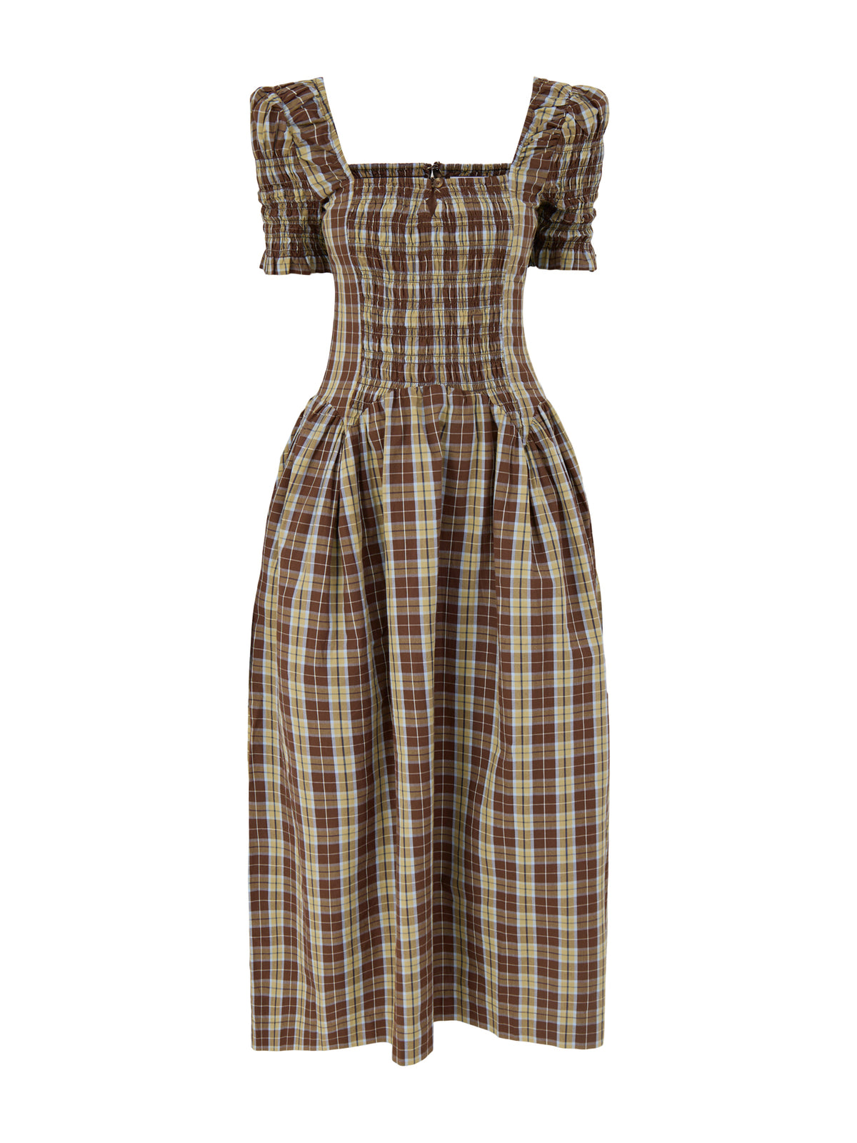 Emmy Shirred Cocoa Check Midi Dress