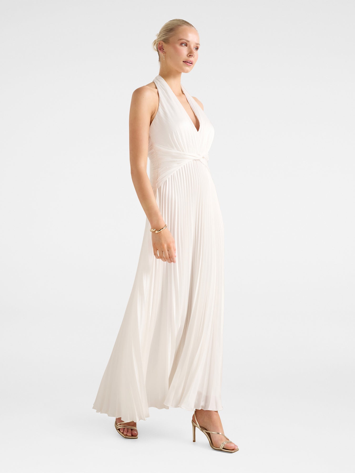 Natasha Pleated Satin Halter Neck Maxi Dress White