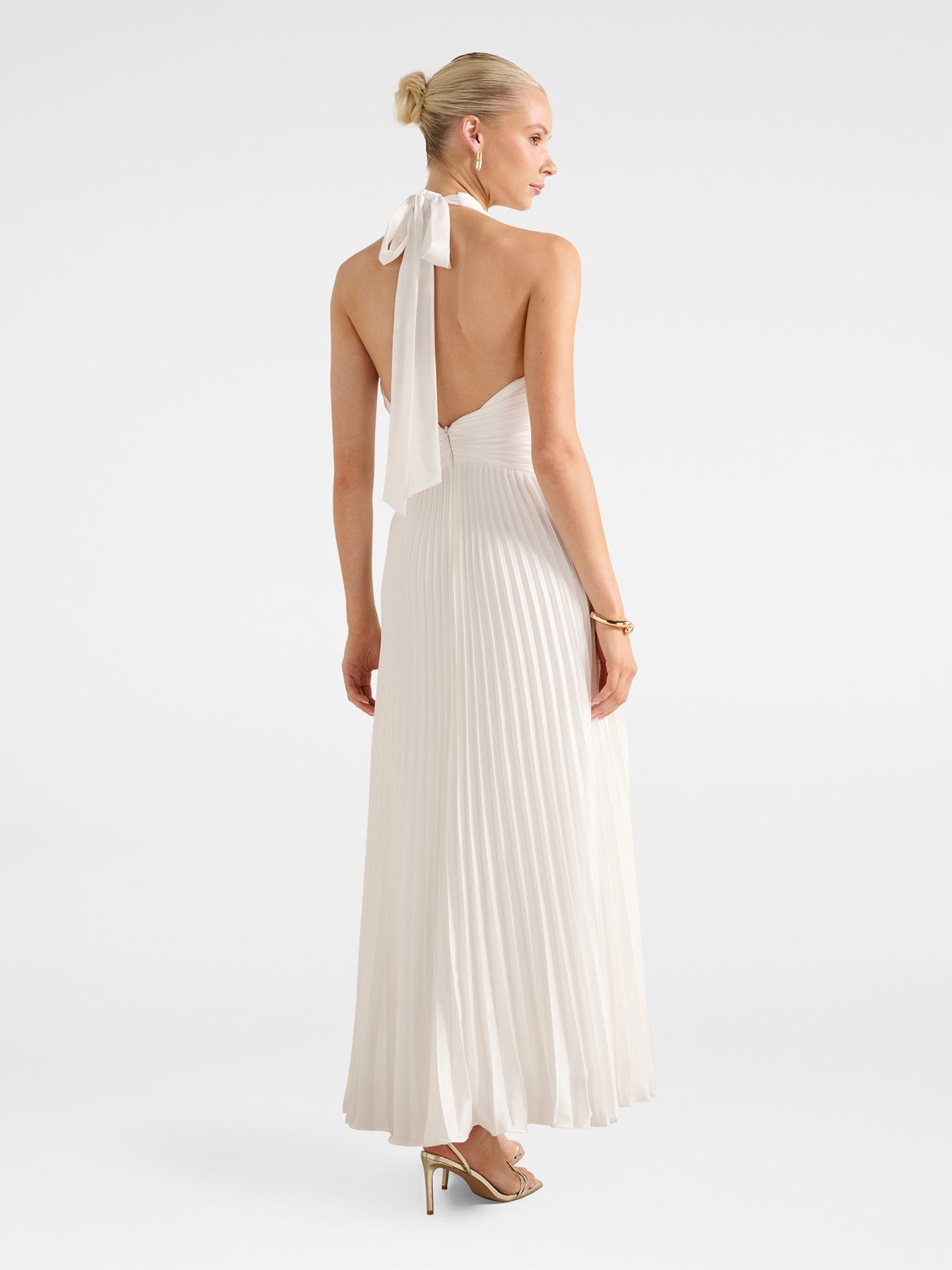 Natasha Pleated Satin Halter Neck Maxi Dress White