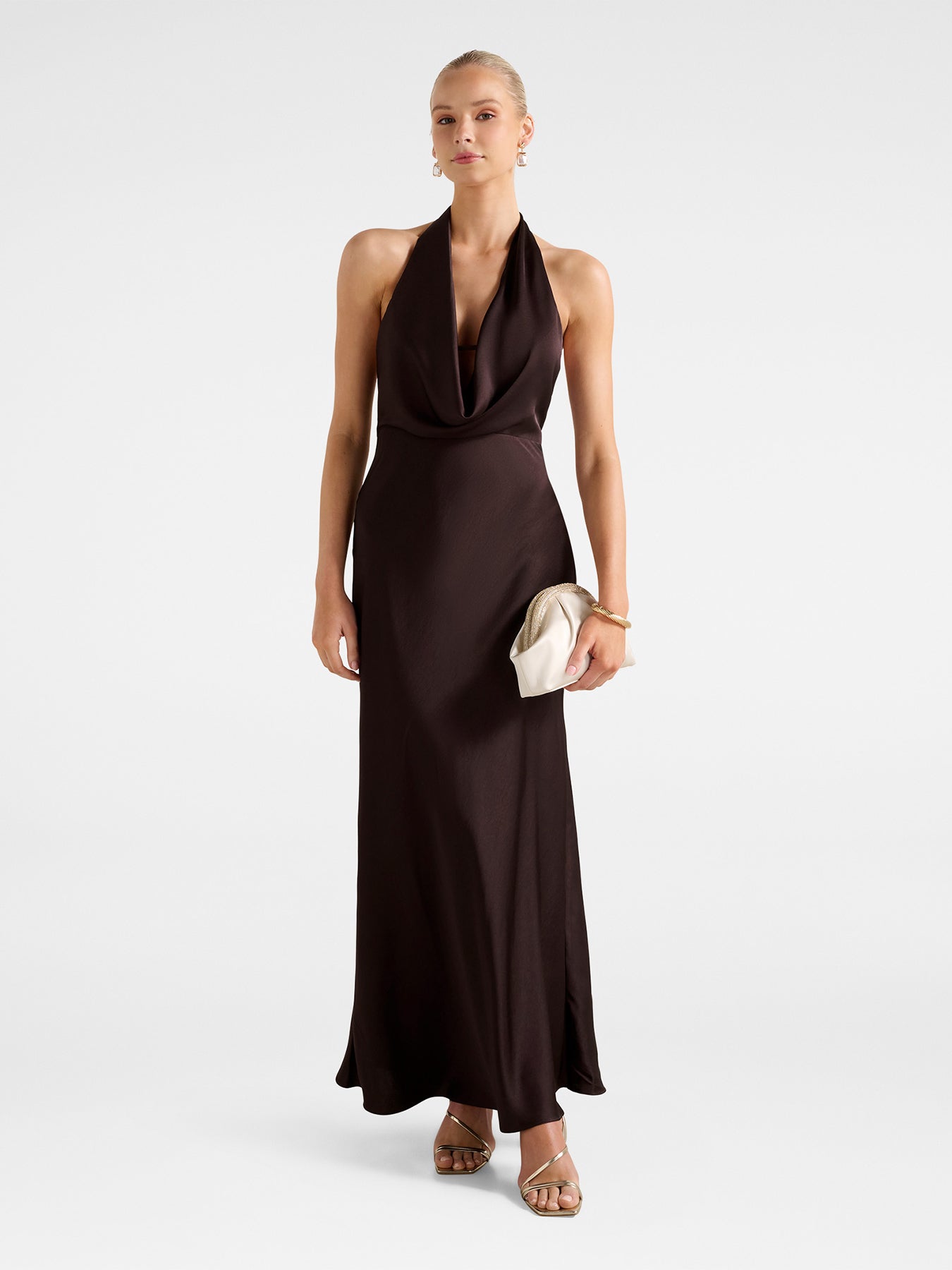 Becca Satin Halter Neck Gown Brown