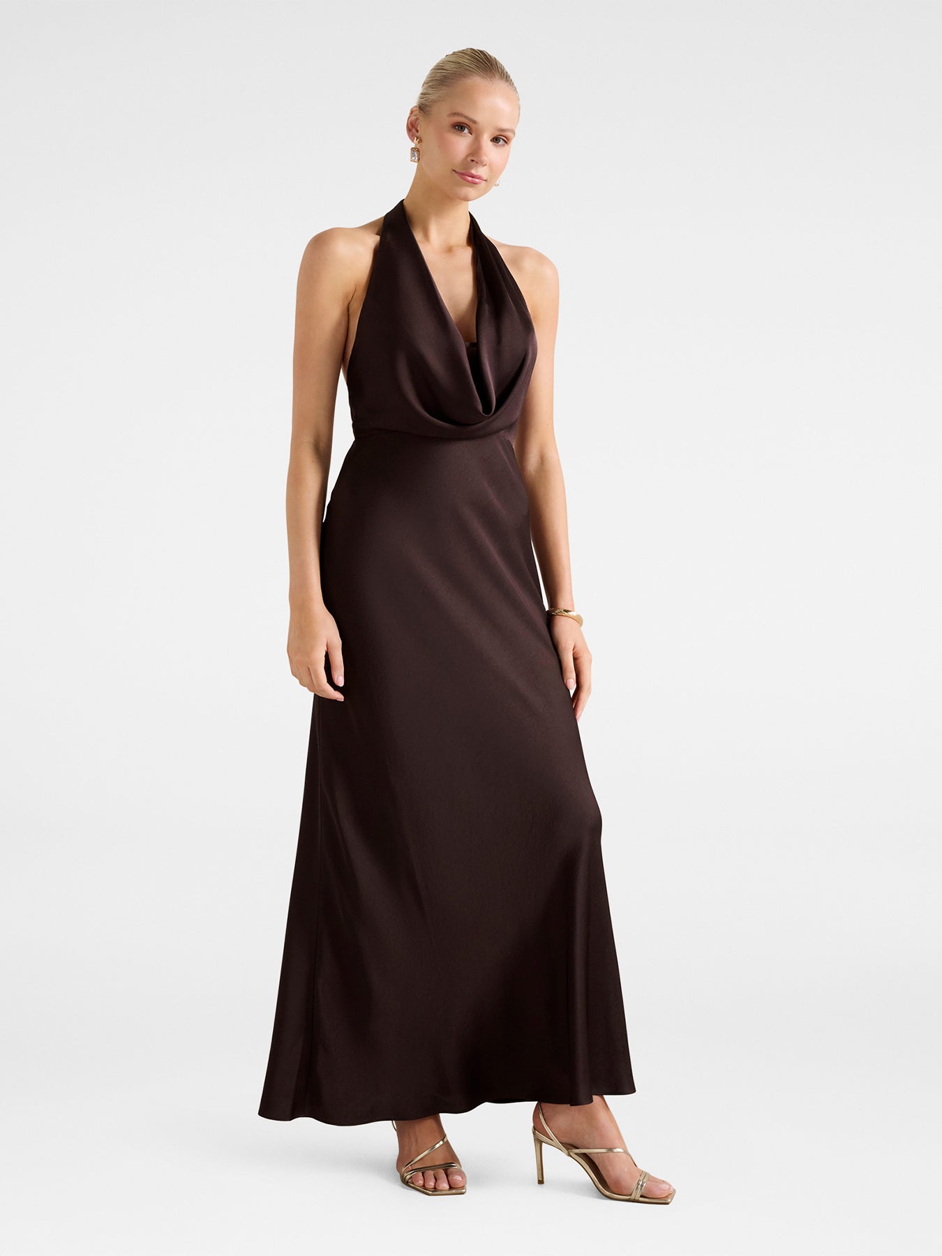 Becca Satin Halter Neck Gown Brown