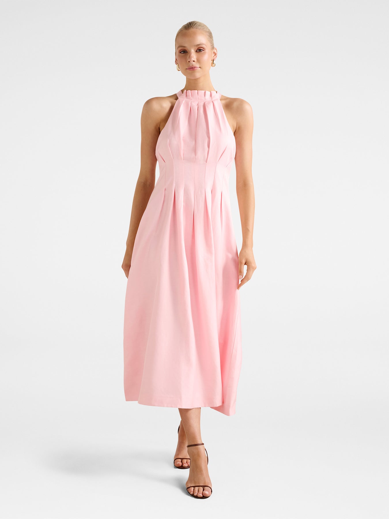 Miller Pleated Halter Neck Midi Dress Pink