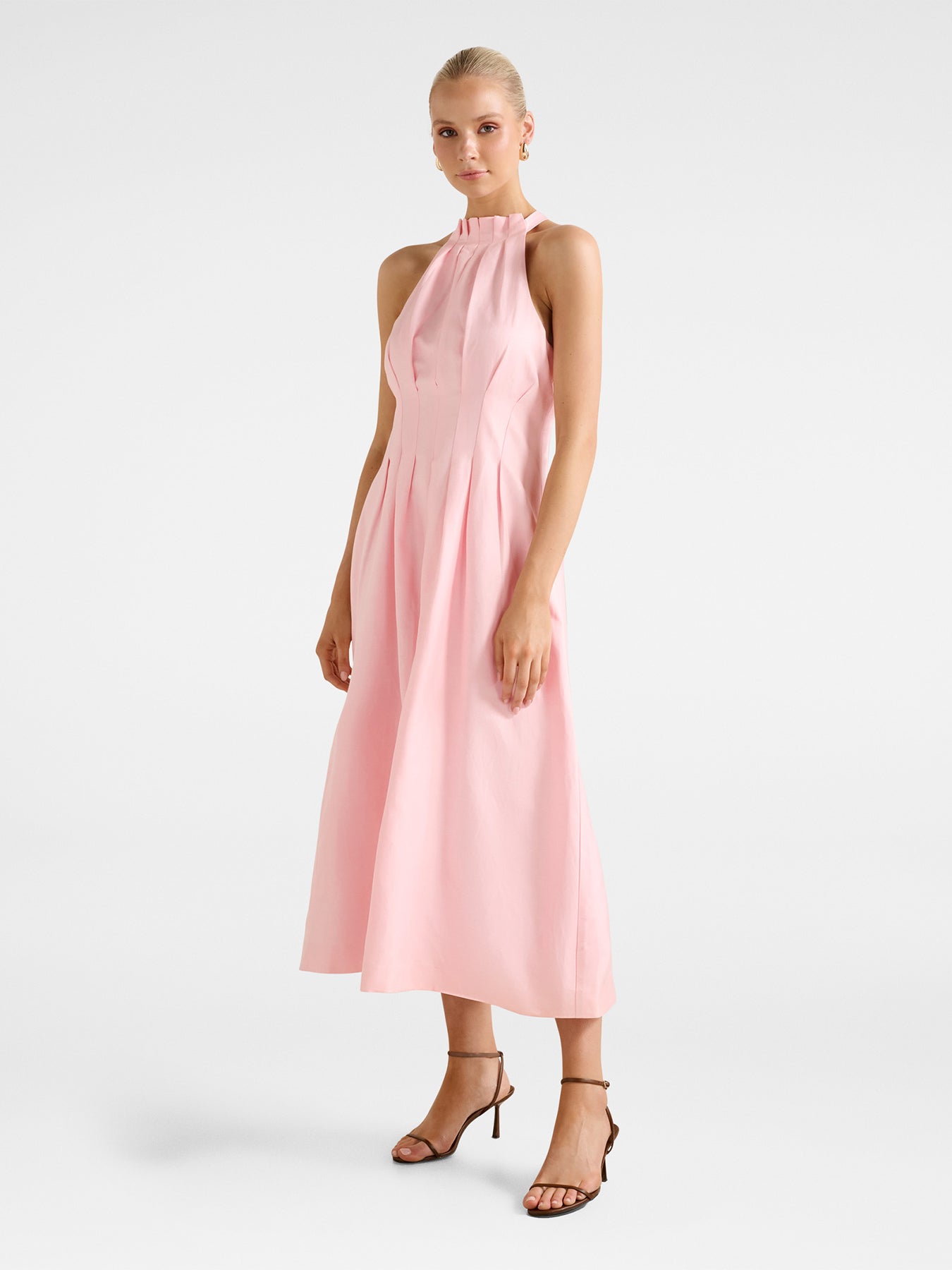 Miller Pleated Halter Neck Midi Dress Pink