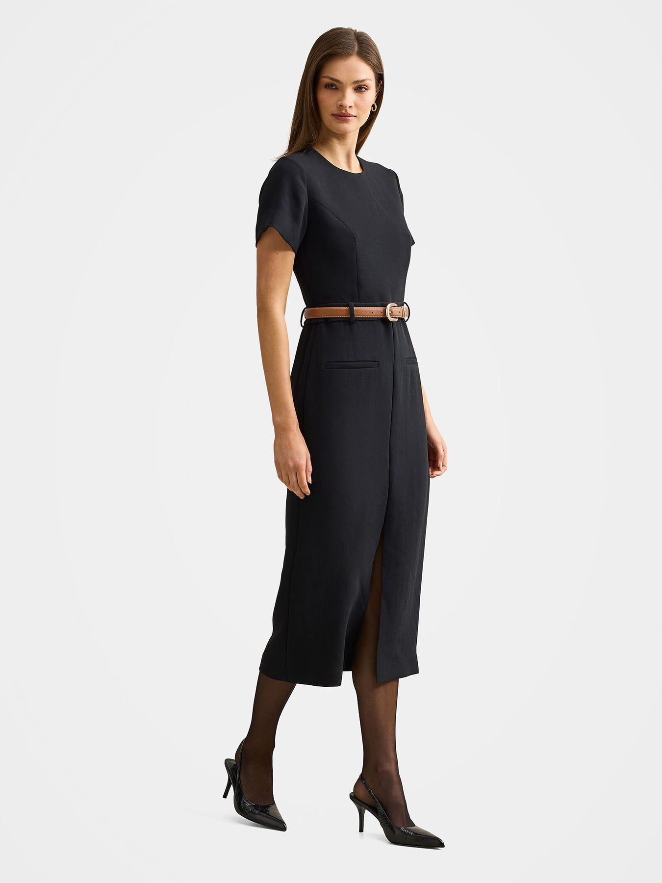Bailee Belted Tailored Midi Dress Black
