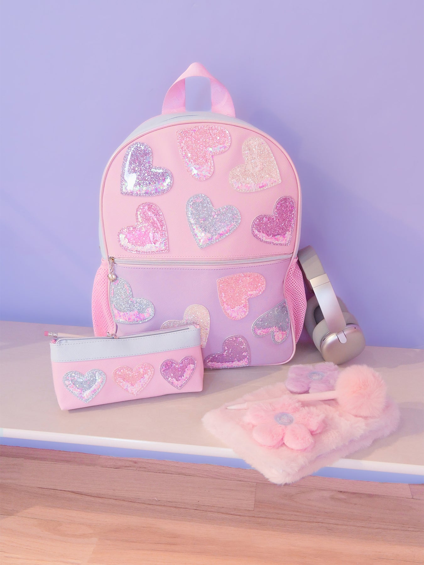 Kids' Heart Glitters Large Backpack and Pencil Case Multi