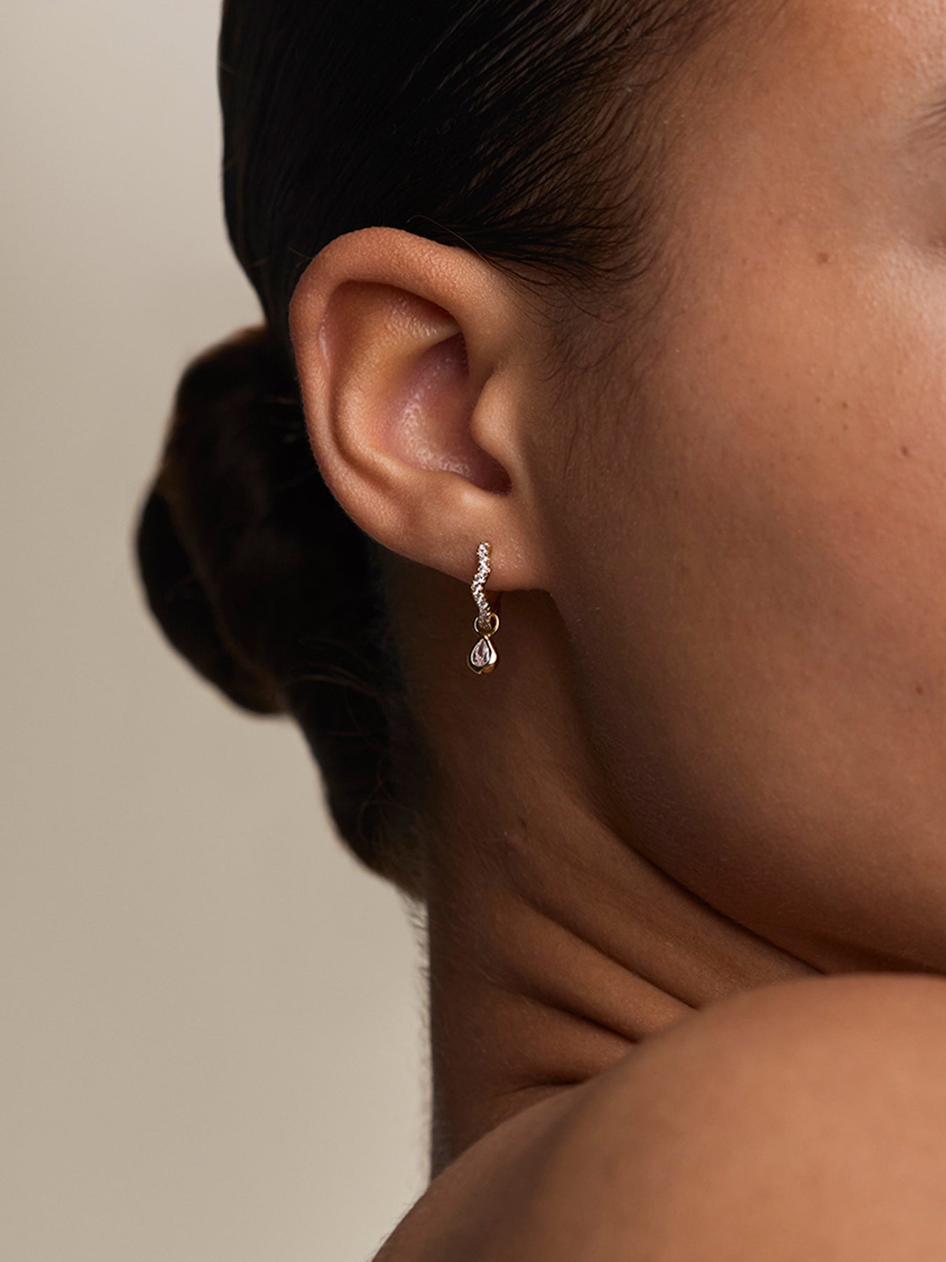 Crystal Ripple Pear Charm Huggie Hoop Earrings Gold