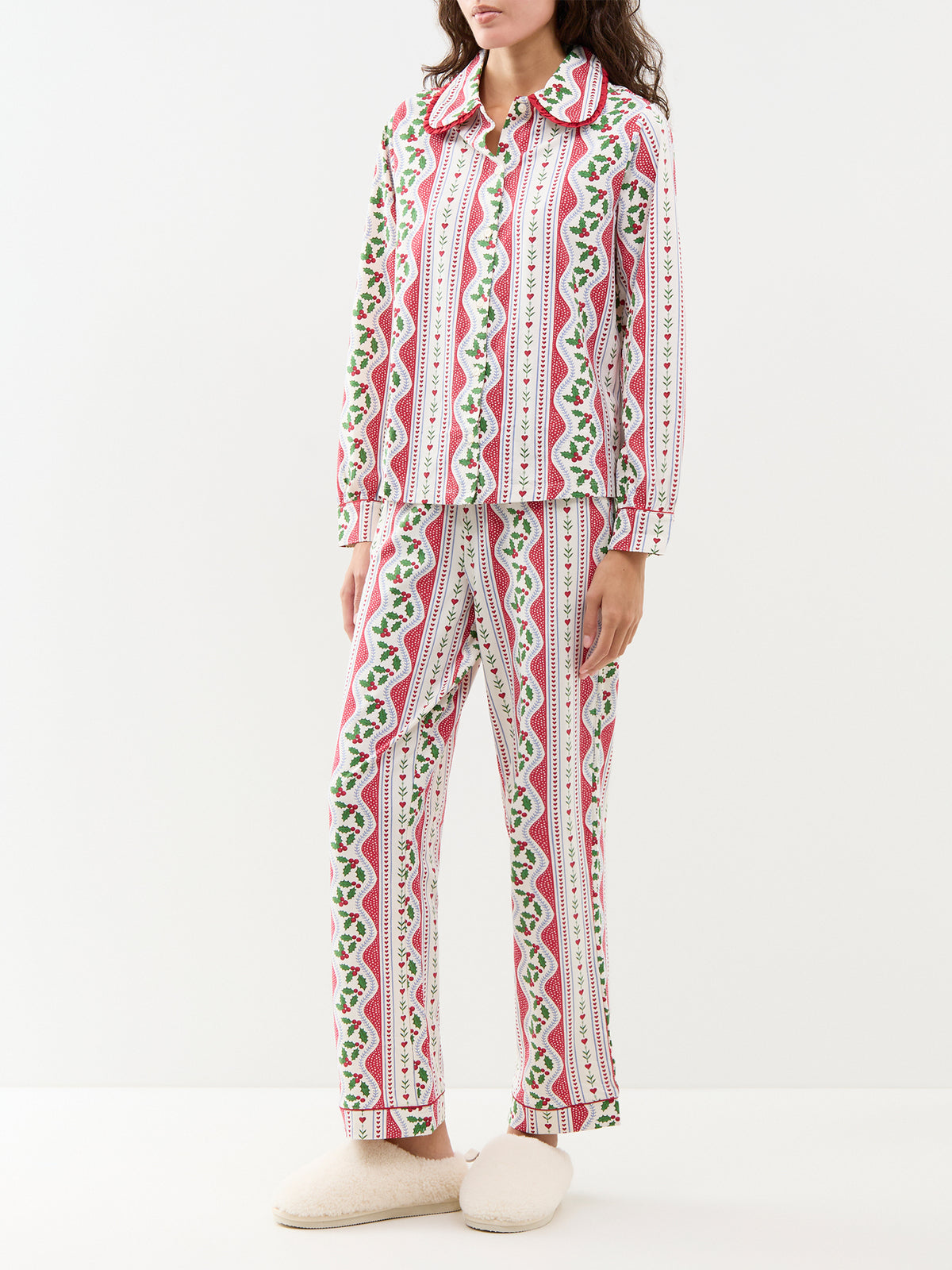 Holly Leaf Wiggle Organic Cotton Long Pyjama Set - Red