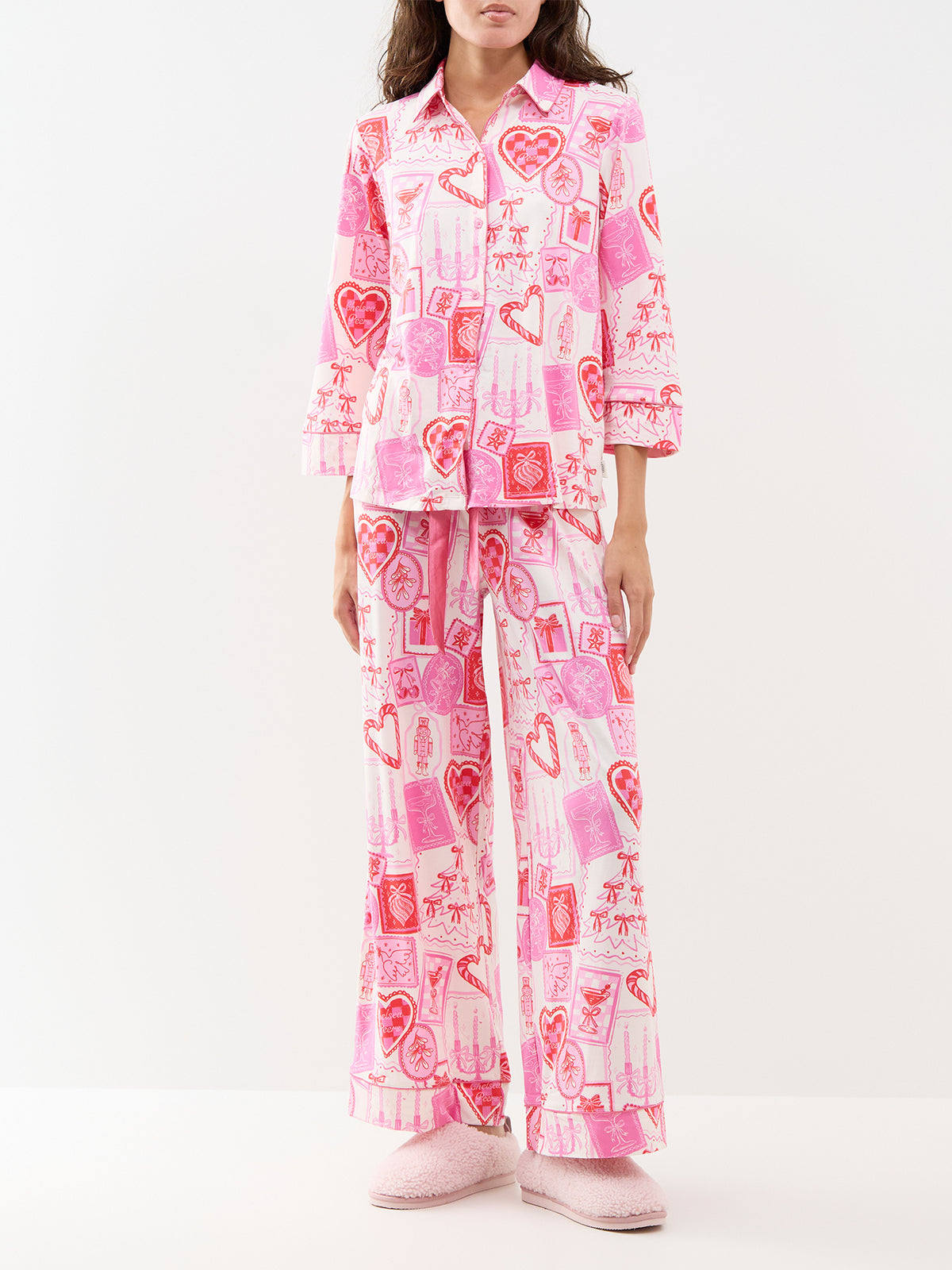 Girly Christmas Stamps Satin Pyjama Set - Pink
