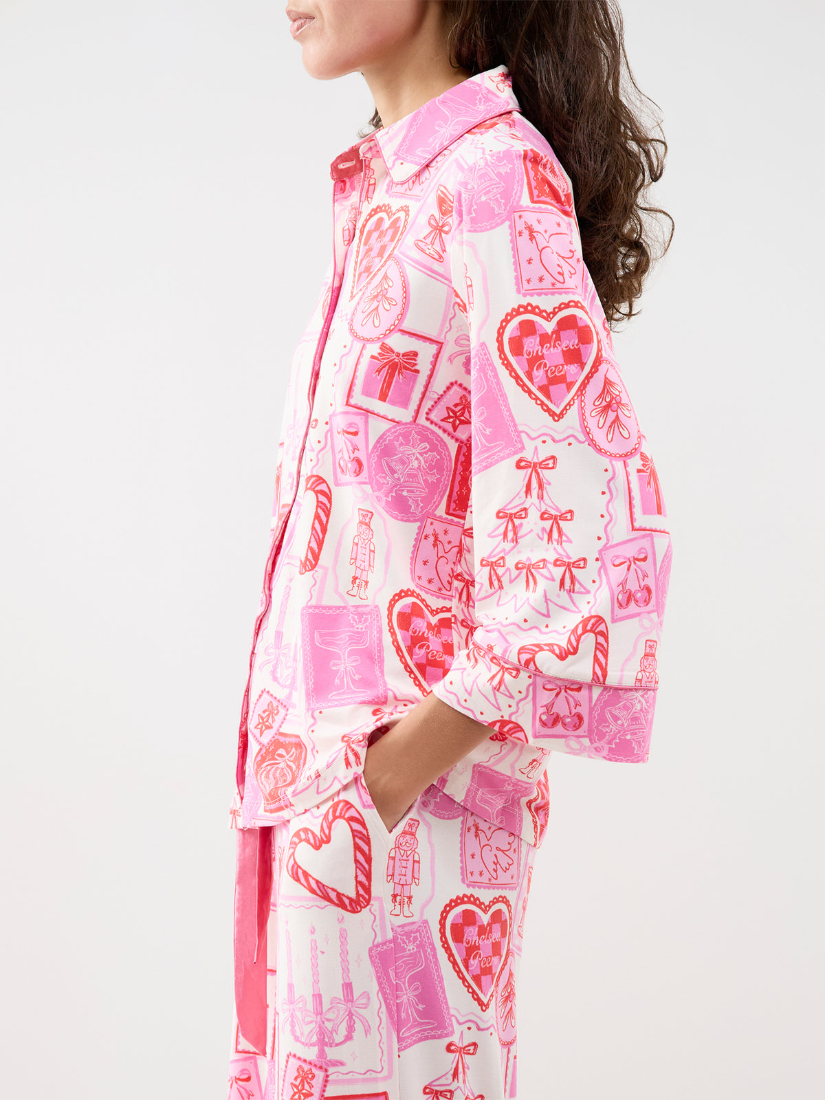 Girly Christmas Stamps Satin Pyjama Set - Pink