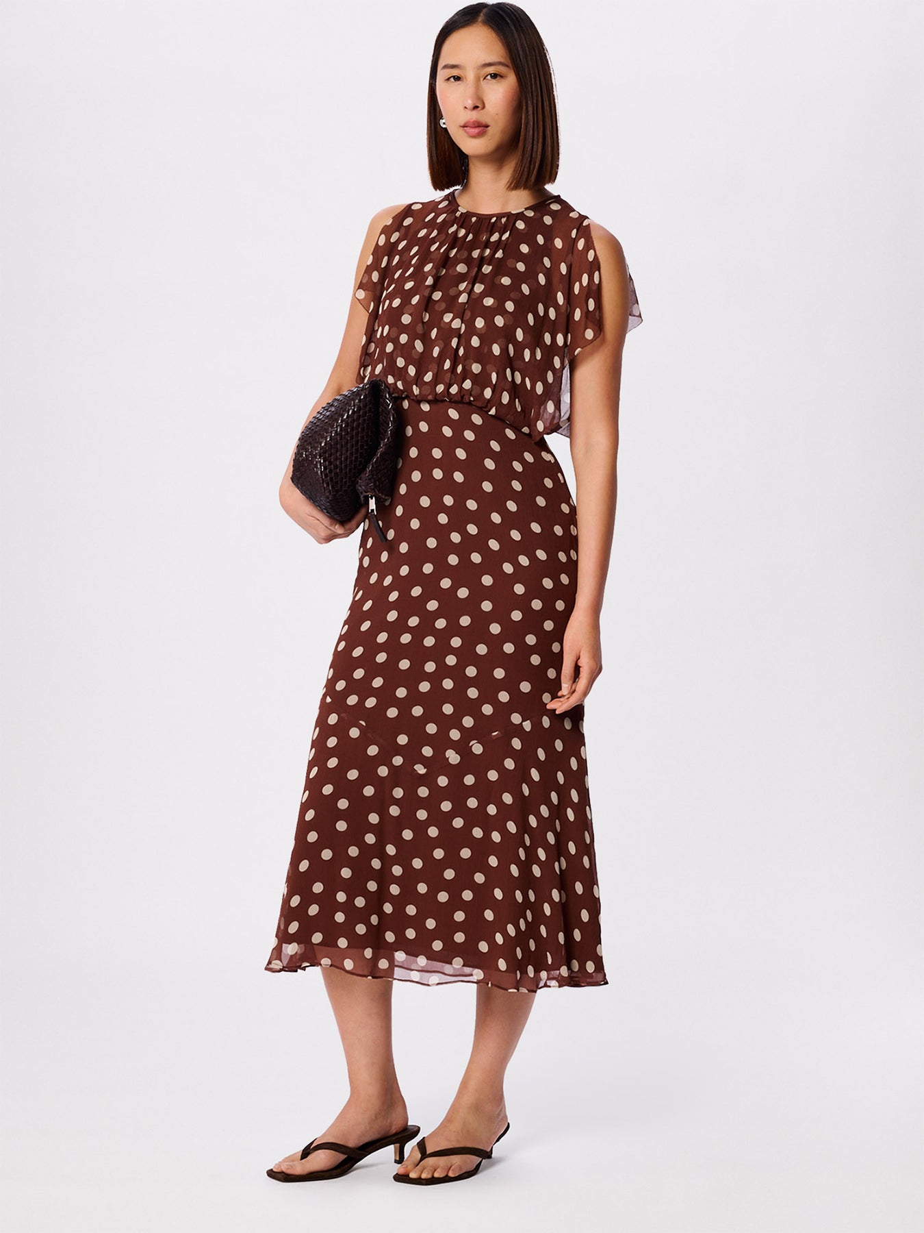 Polka Dot Print Midi Dress Brown