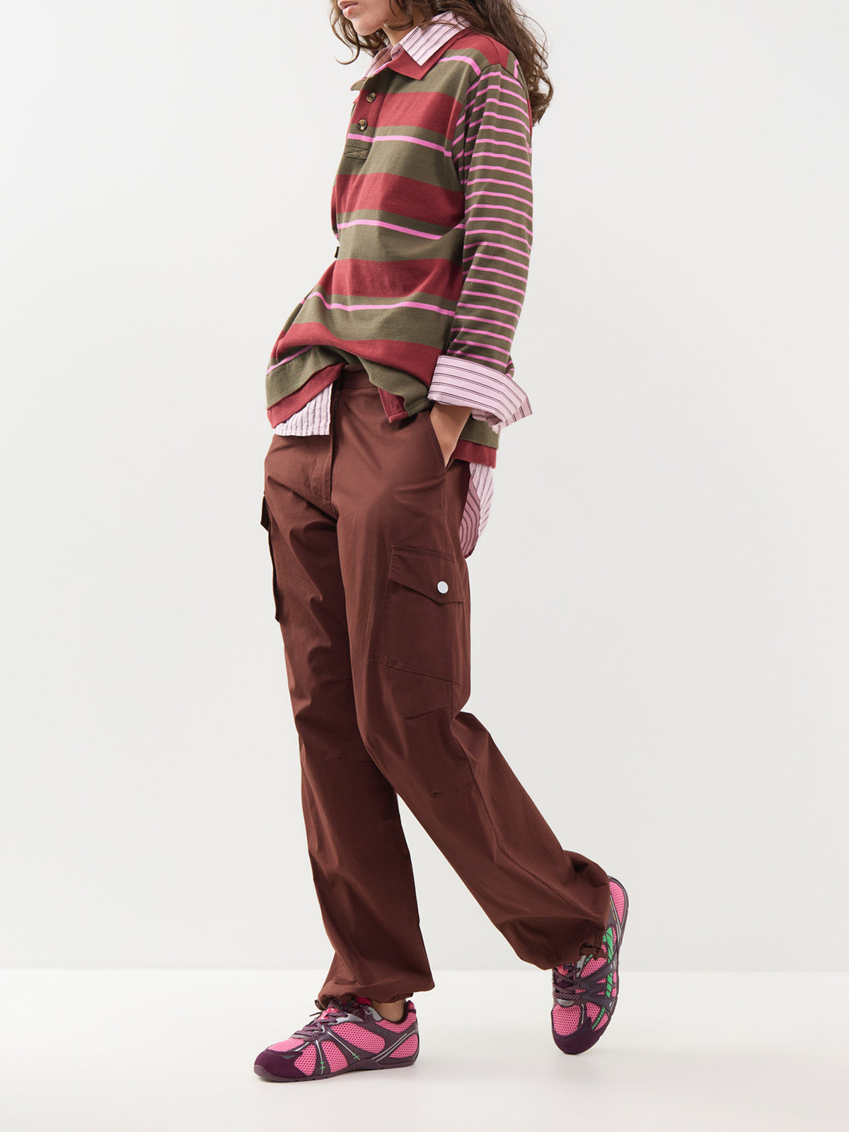 Organic Cotton Noah Cinch Rugby Top - Olive / Pink Stripe