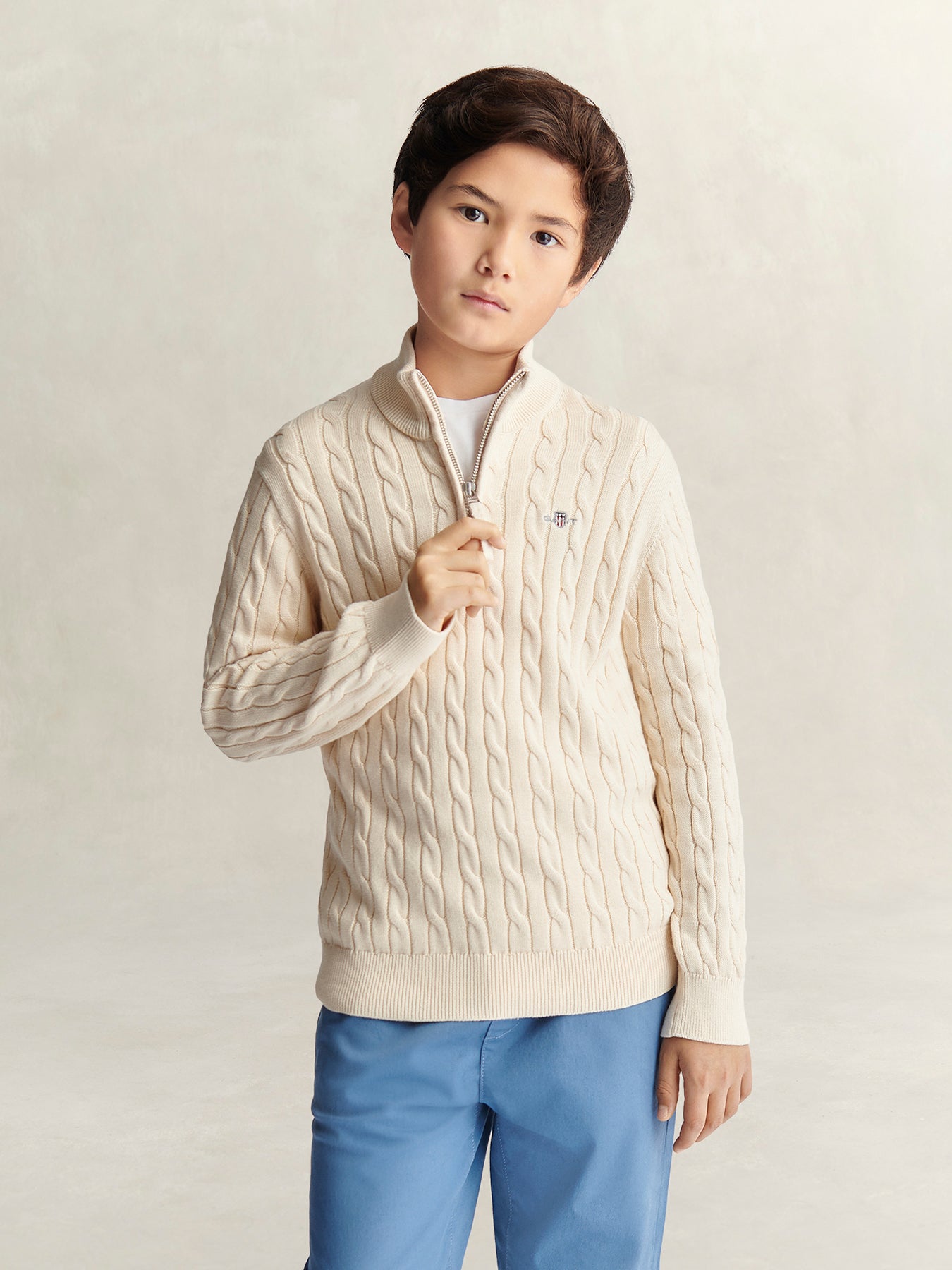 Kids' Shield Cotton Cable Half Zip Sweater Cream