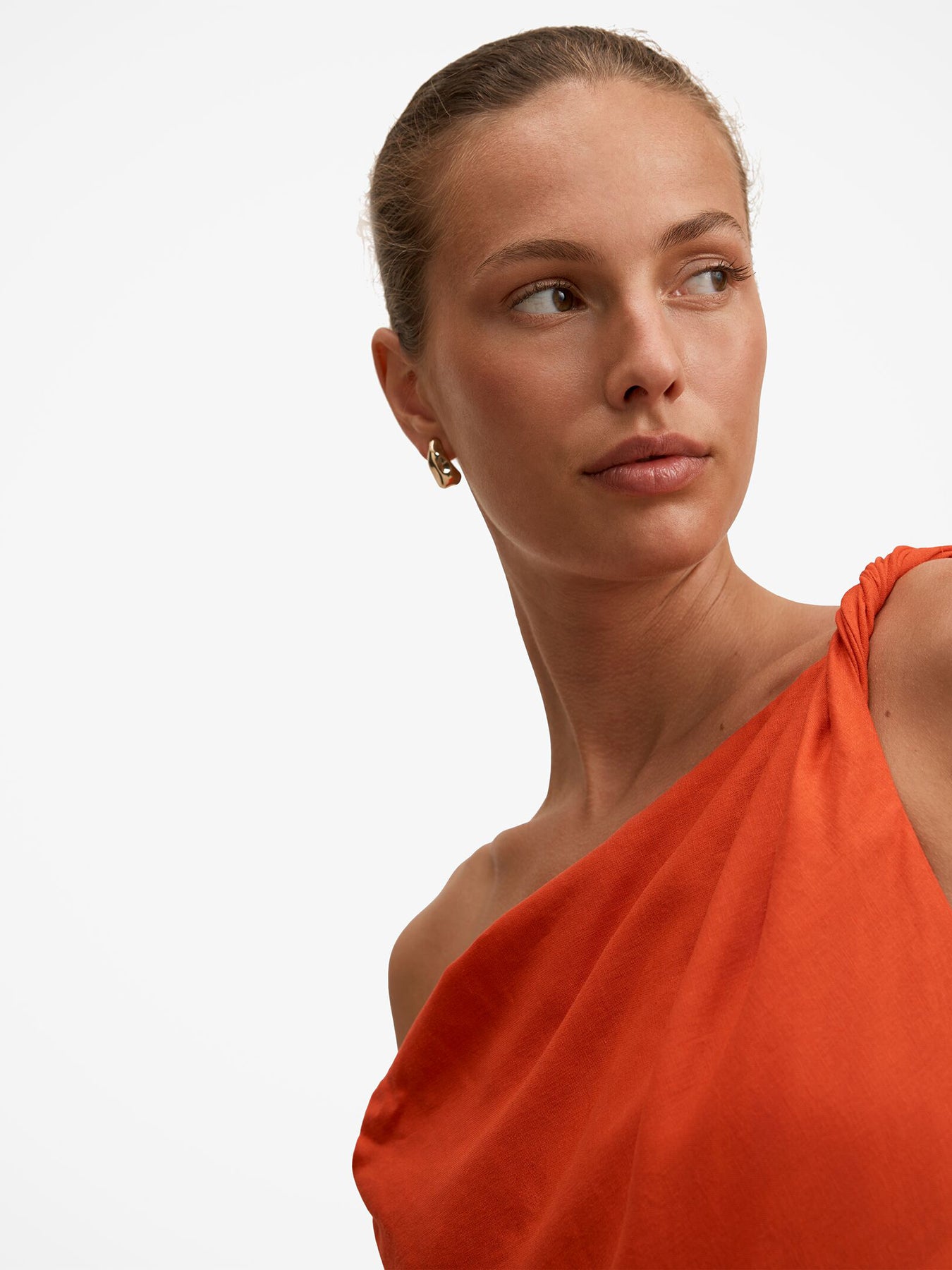 Vinetta Asymmetrical Twist Midi Dress Orange