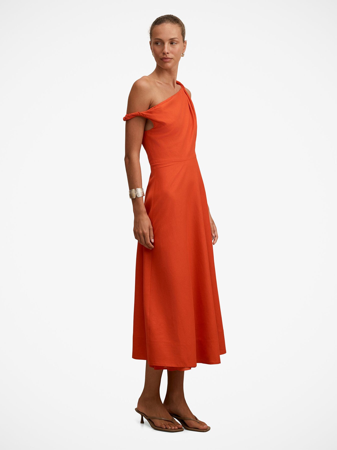 Vinetta Asymmetrical Twist Midi Dress Orange