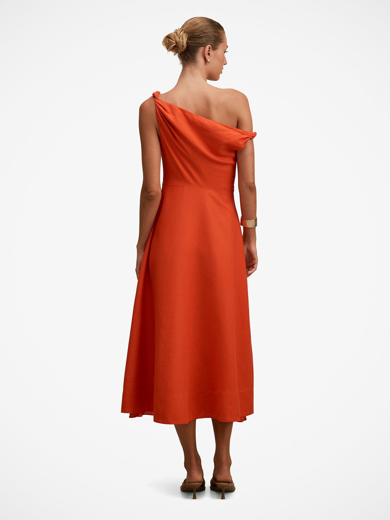 Vinetta Asymmetrical Twist Midi Dress Orange