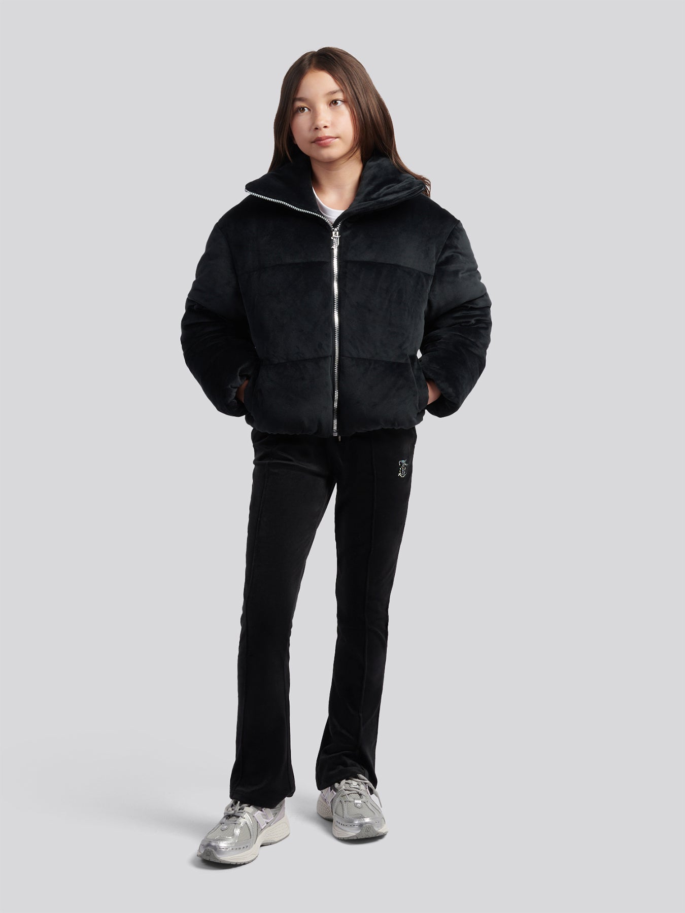 Velour Puffer Coat - Black