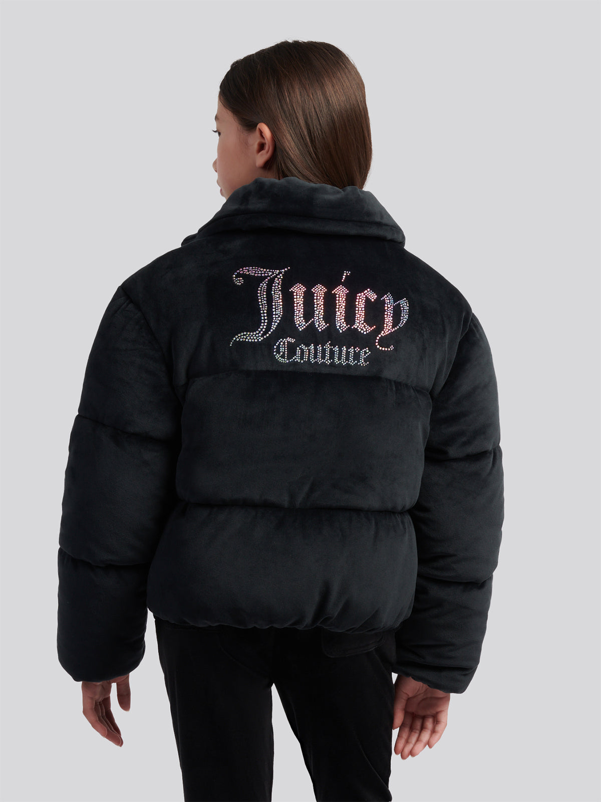 Velour Puffer Coat - Black