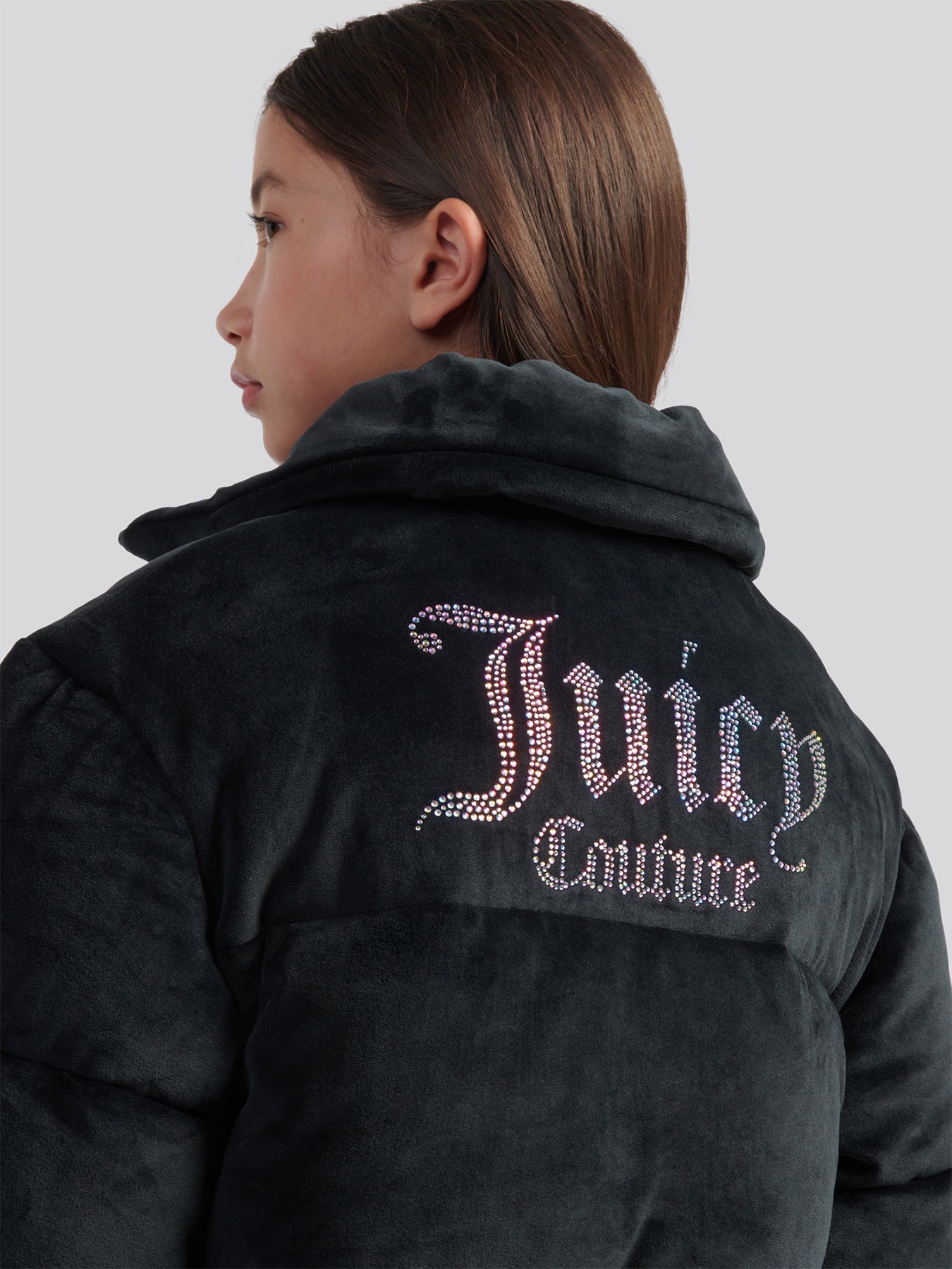 Velour Puffer Coat - Black