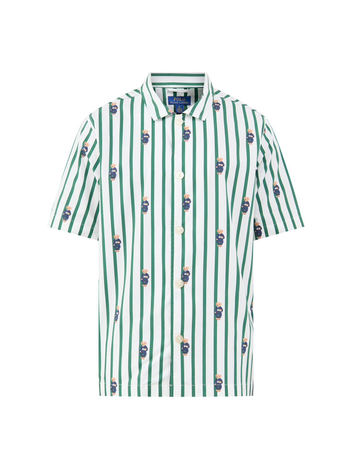 Bear Stripe Cotton Short-Sleeved Pyjama Shirt - Green & White