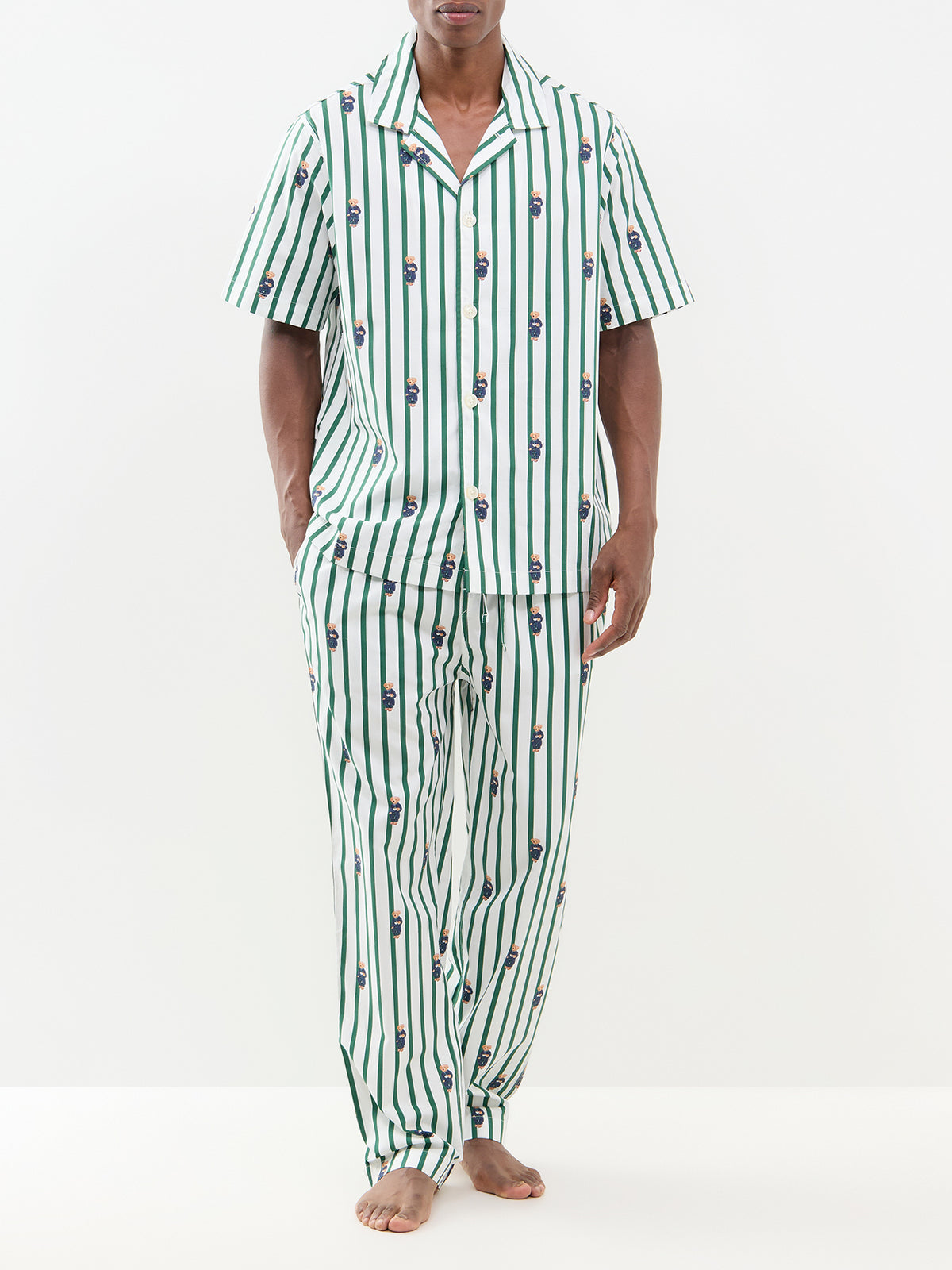 Bear Stripe Cotton Short-Sleeved Pyjama Shirt - Green & White