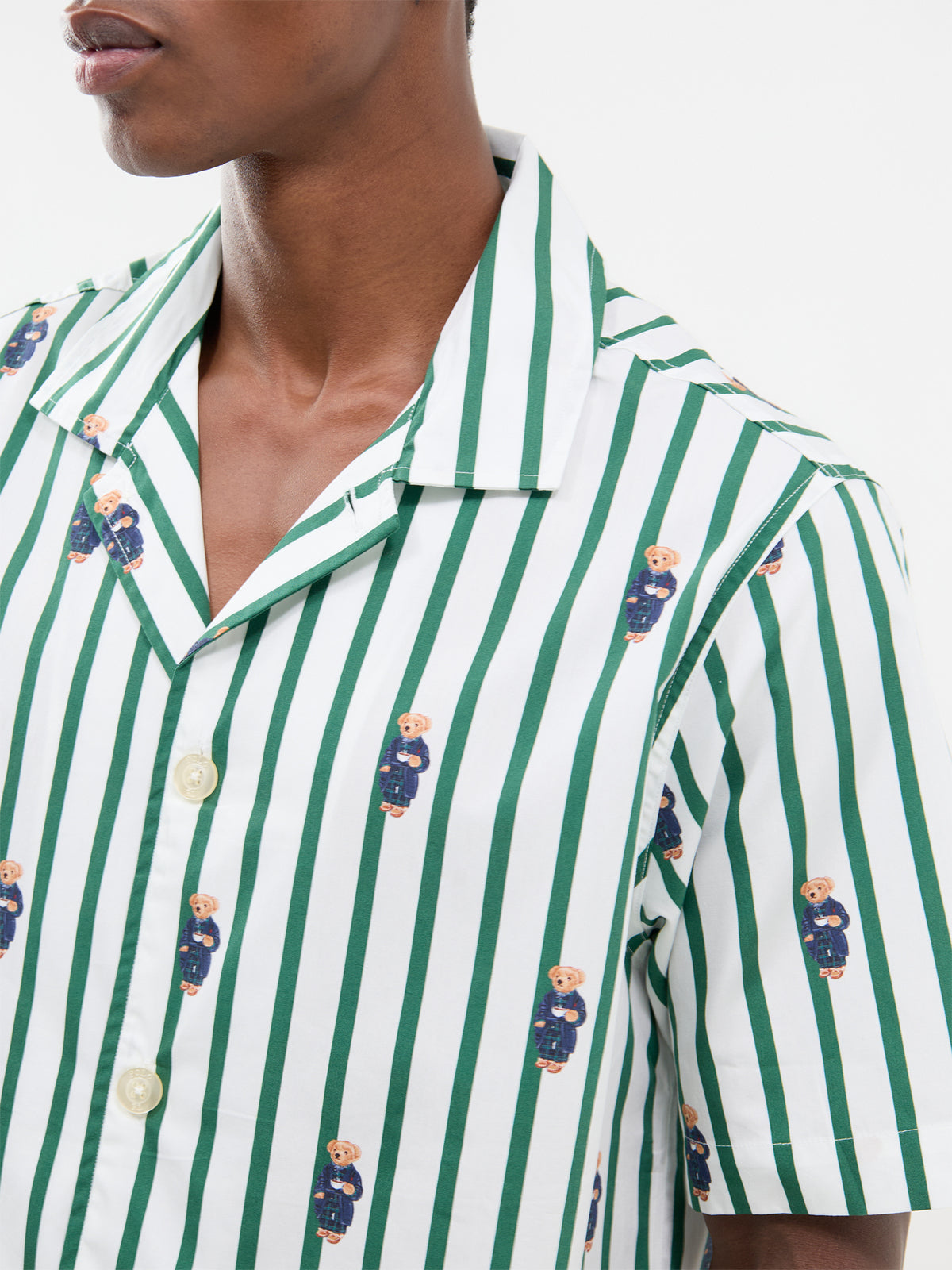 Bear Stripe Cotton Short-Sleeved Pyjama Shirt - Green & White