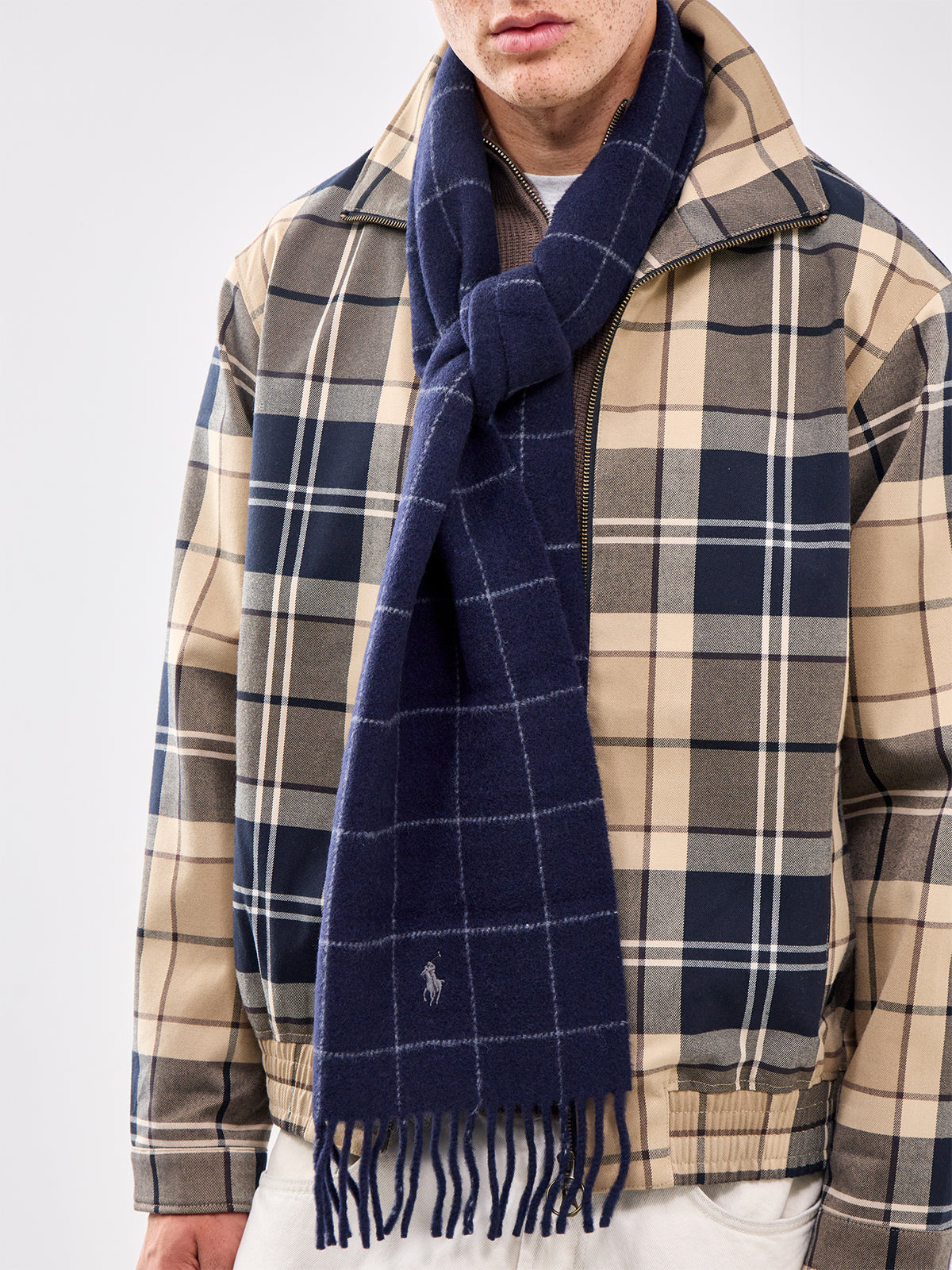 Reversible Check Wool Scarf Navy