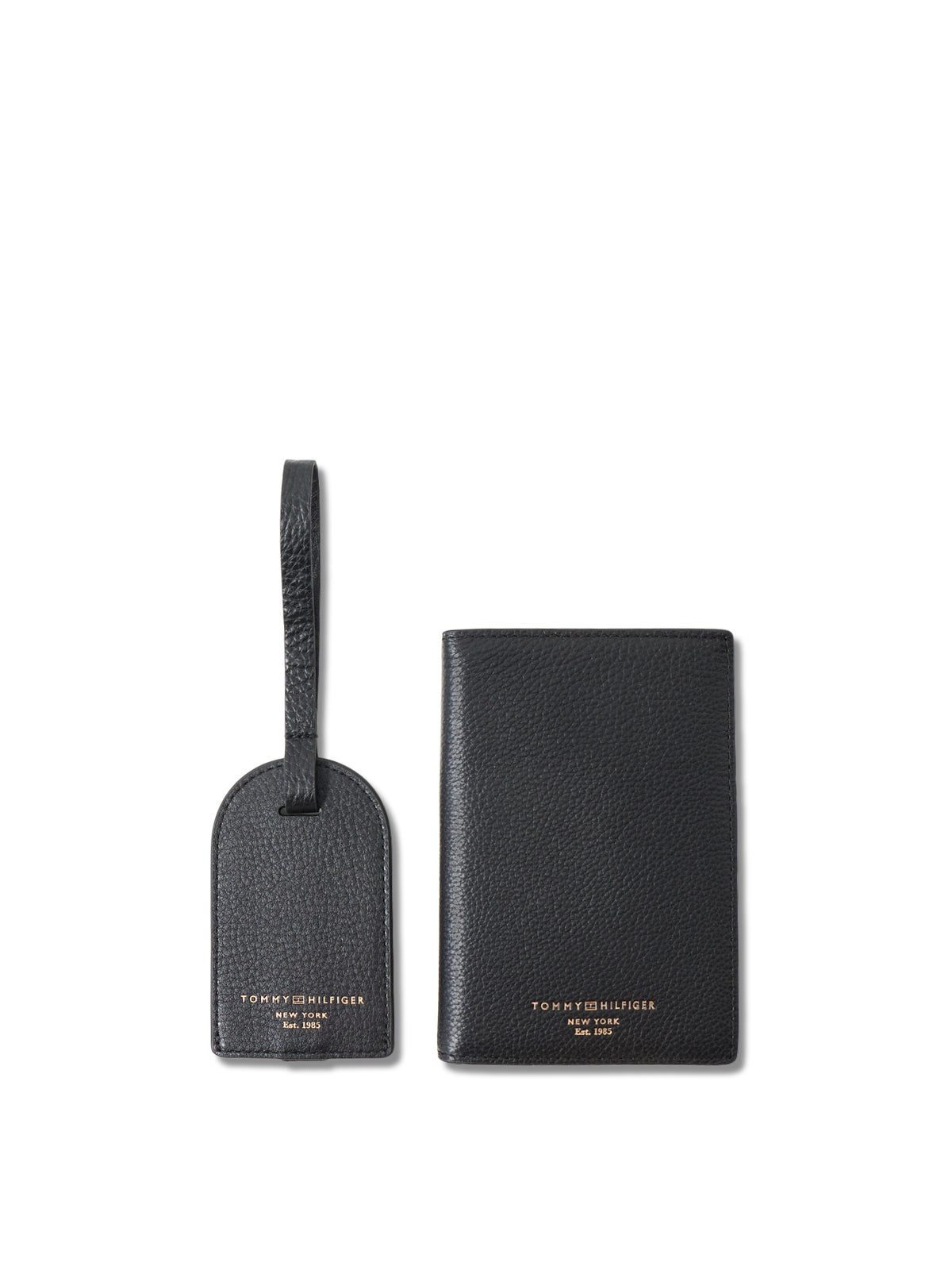 Pebble Grain Leather Passport Holder & Luggage Tag Gift Set - Black