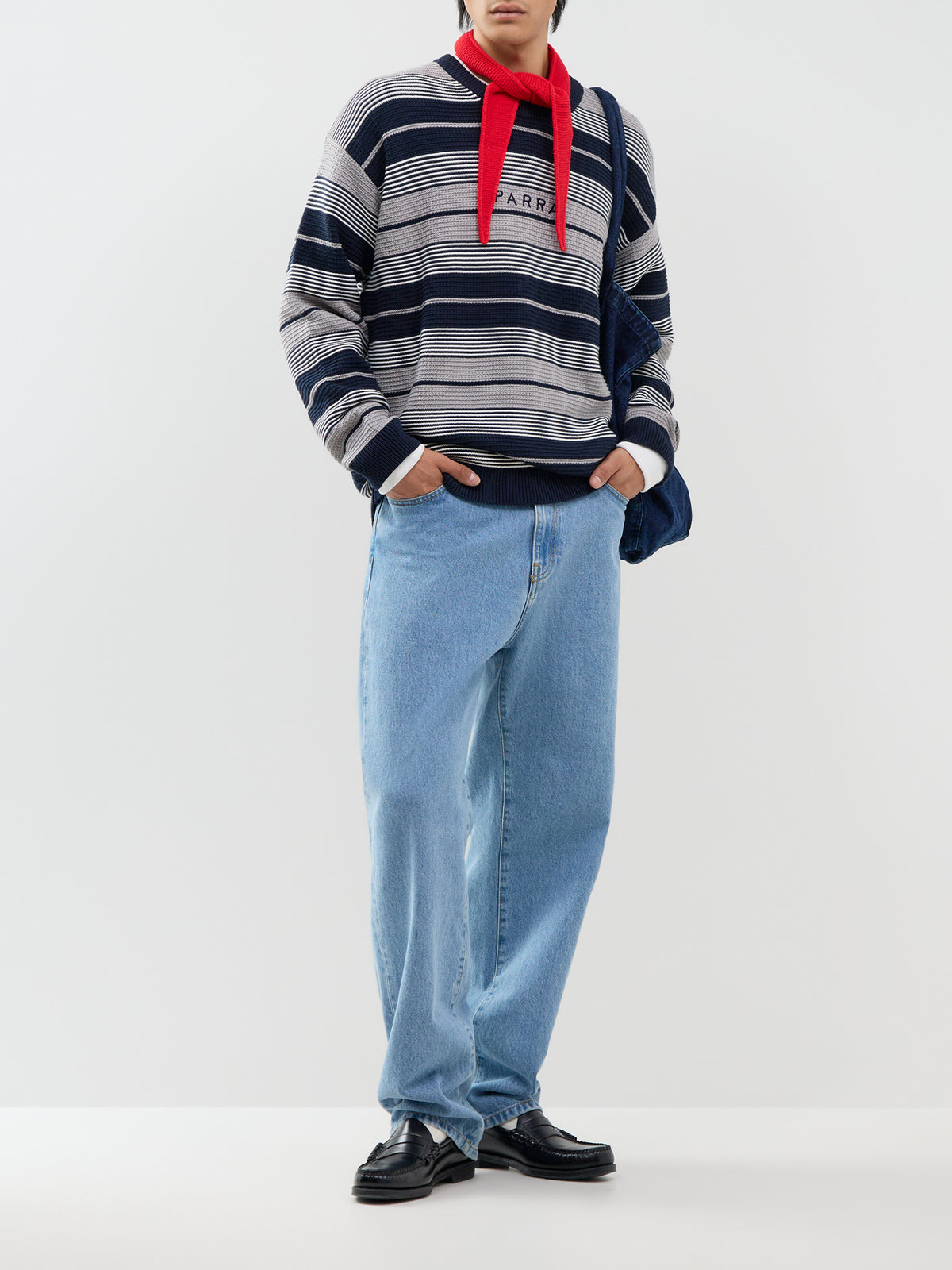 Cotton Neatly Striped Knitted Jumper - Navy