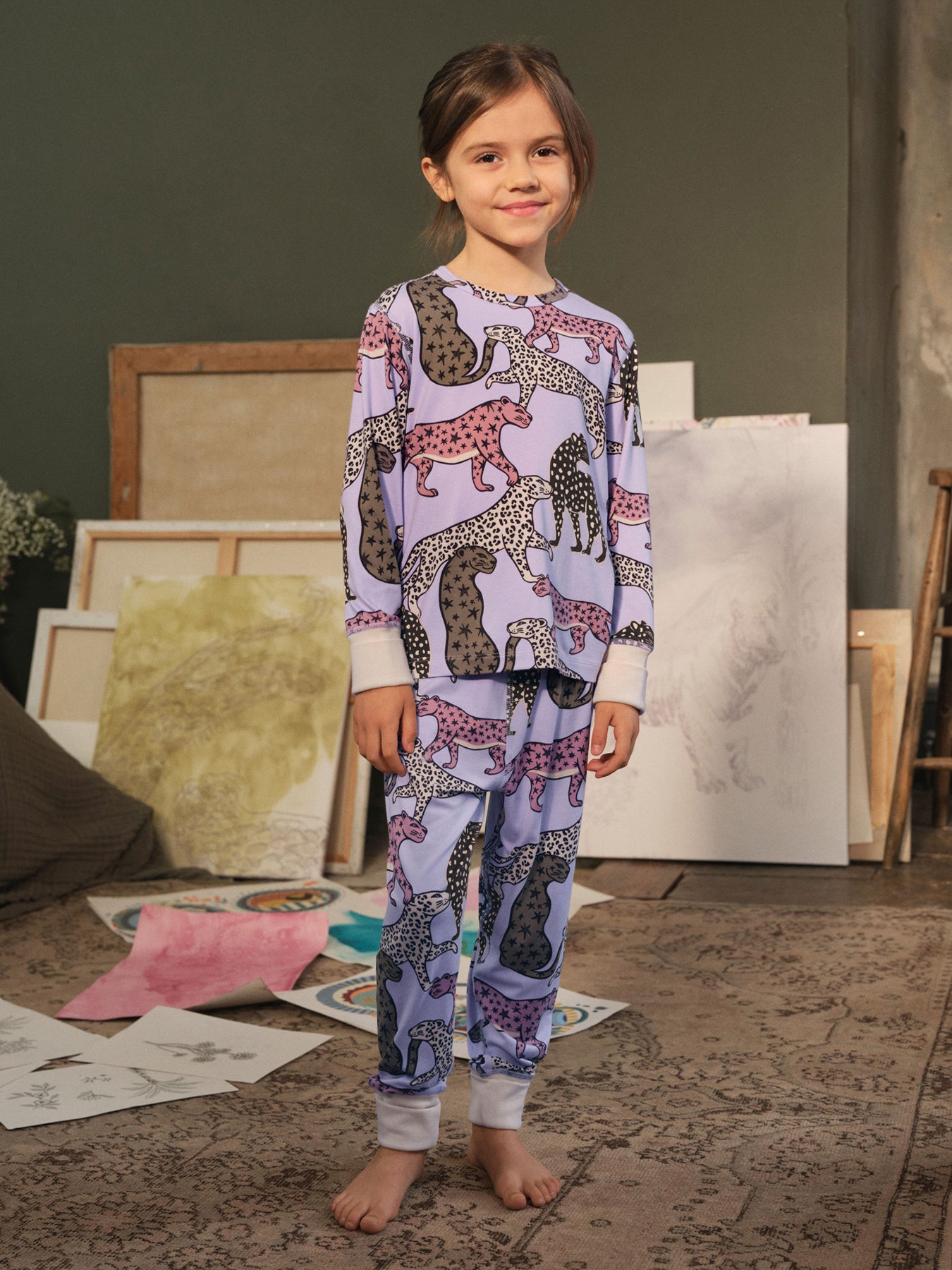 Kids Leopard Long Pyjama Set Lilac